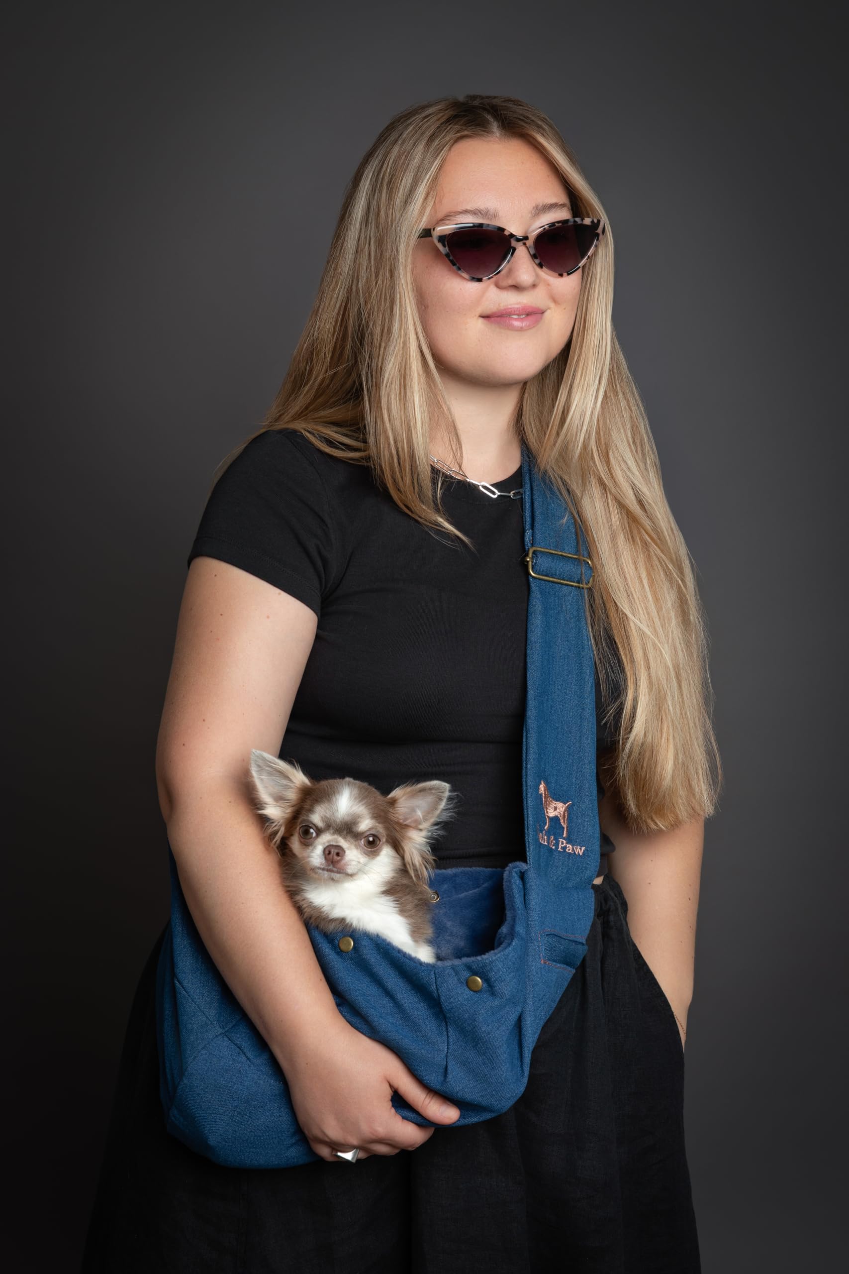 Noah & Paw Hundetragetasche für Kleine Hunde bis 5kg, Hundetasche mit Verstellbarem Schultergurt, und Weichem Fell, Doppelte Sicherheitsfunktion, Haustiere Tragetasche aus Premium Denim