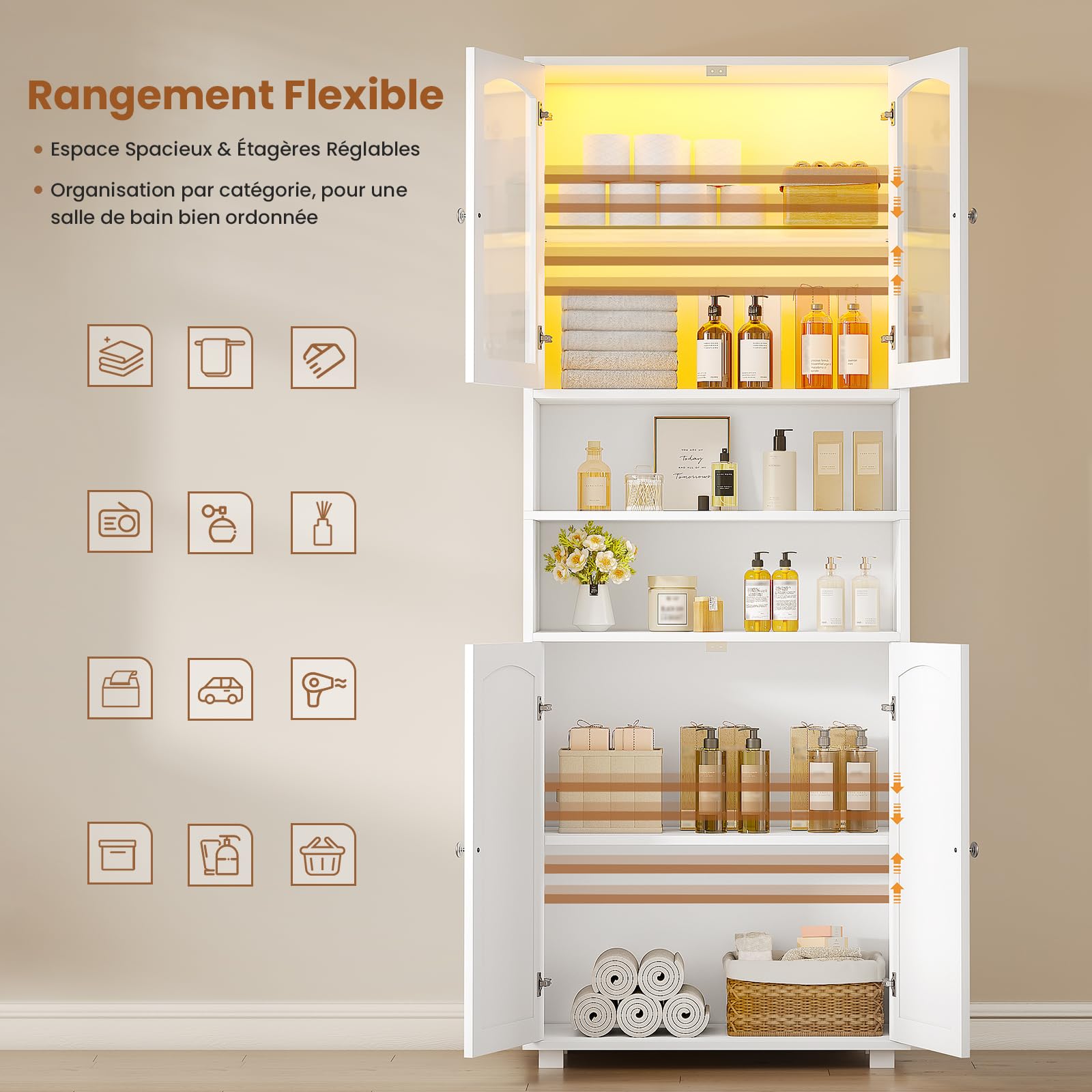 Meuble Colonne Salle de Bain avec Éclairage LED, Armoire de Rangement avec 2 Étagères Réglables, 2 Porte en Verre, Gain de Place, Armoire Haute pour Salon Cuisine, 60 x 29.5 x 179 cm, Blanc