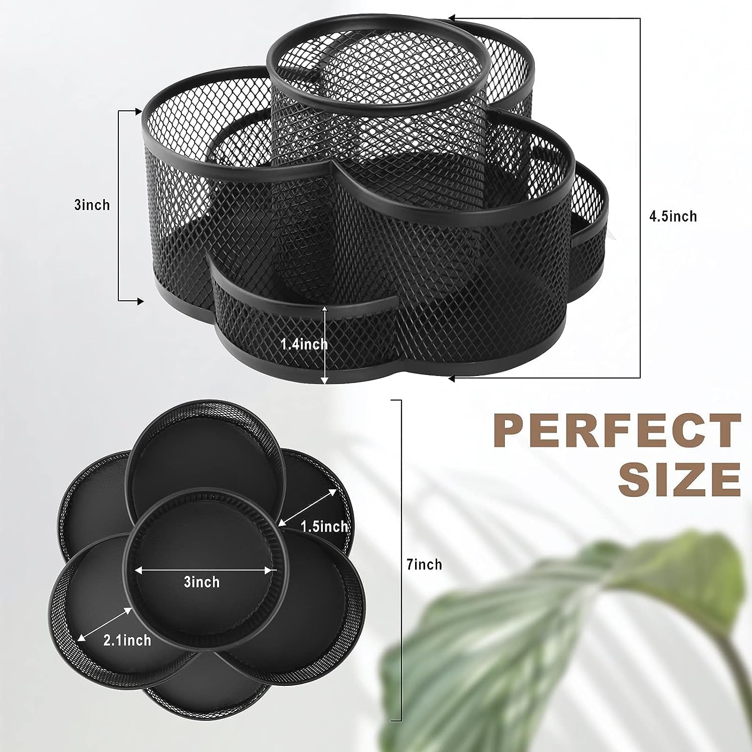 Wosta 360-Degree Rotating Desk Organizer with 7 Compartments, Black Metal Mesh Desk Caddy for Office School Art 2