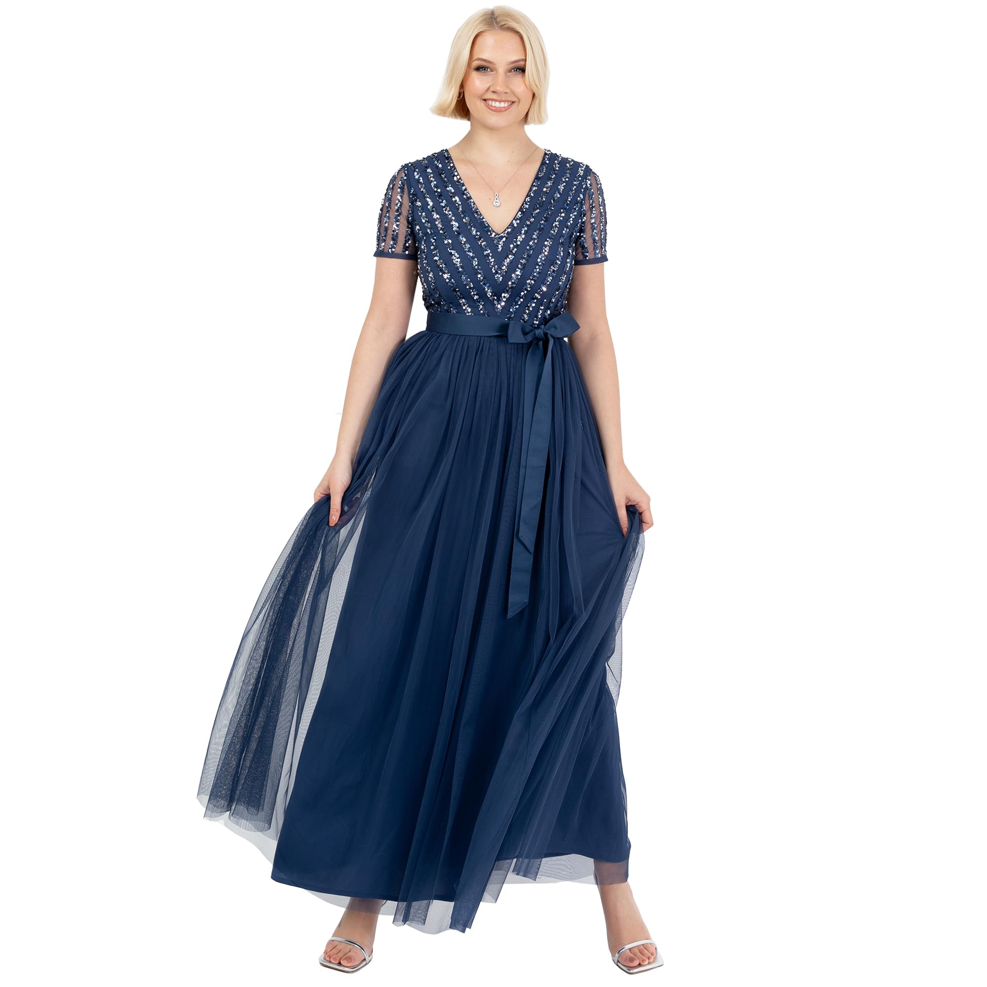 Women's Maxi Dress for Women Ladies Bridesmaid V-Neck Ball Gown Short Sleeves Long Elegant Empire Waist Wedding Bridesmaid Dress