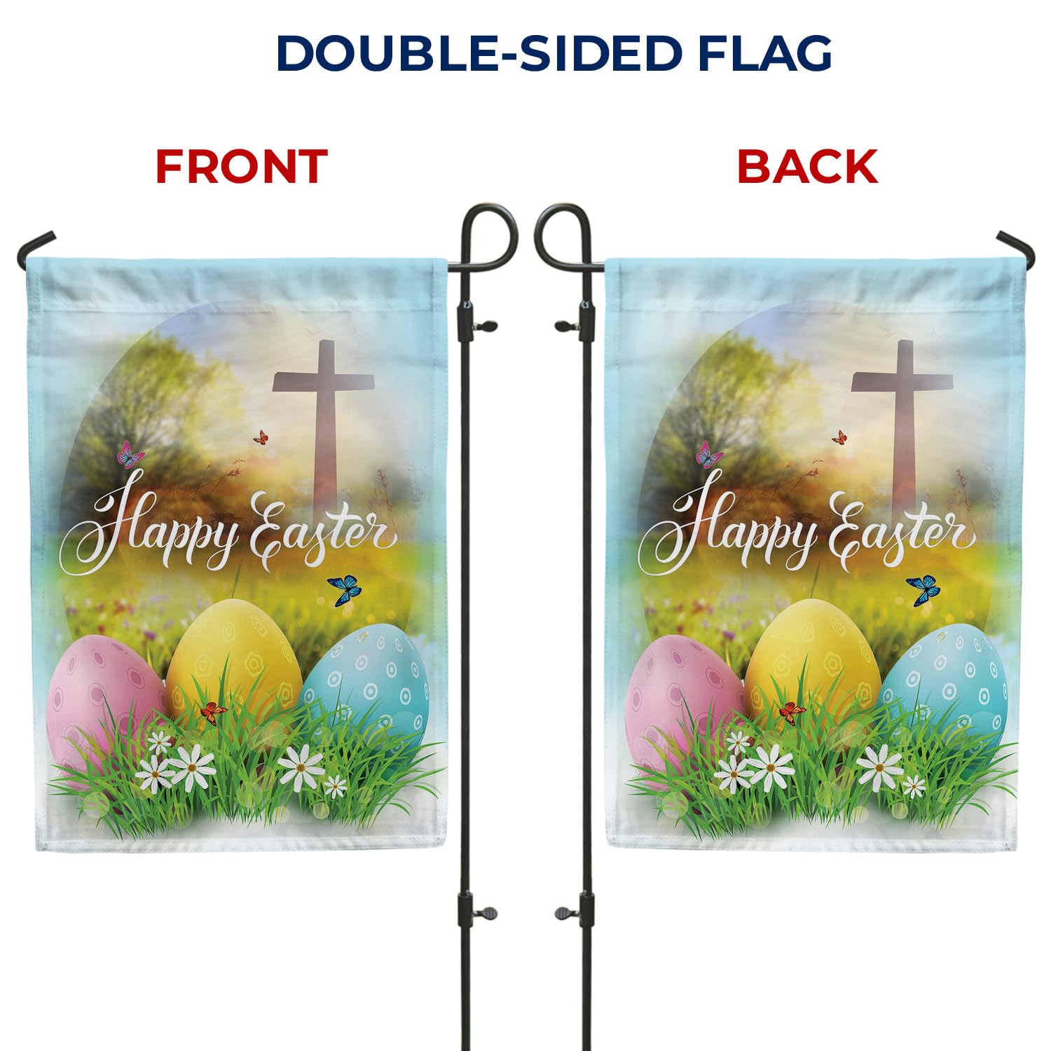 'America Forever Happy Easter' flaga ogrodowa 30 x 45 cm religijny krzyż święta wiosna sezonowe podwórko na zewnątrz dekoracyjne dwustronne jajka wielkanocne flaga ogrodowa