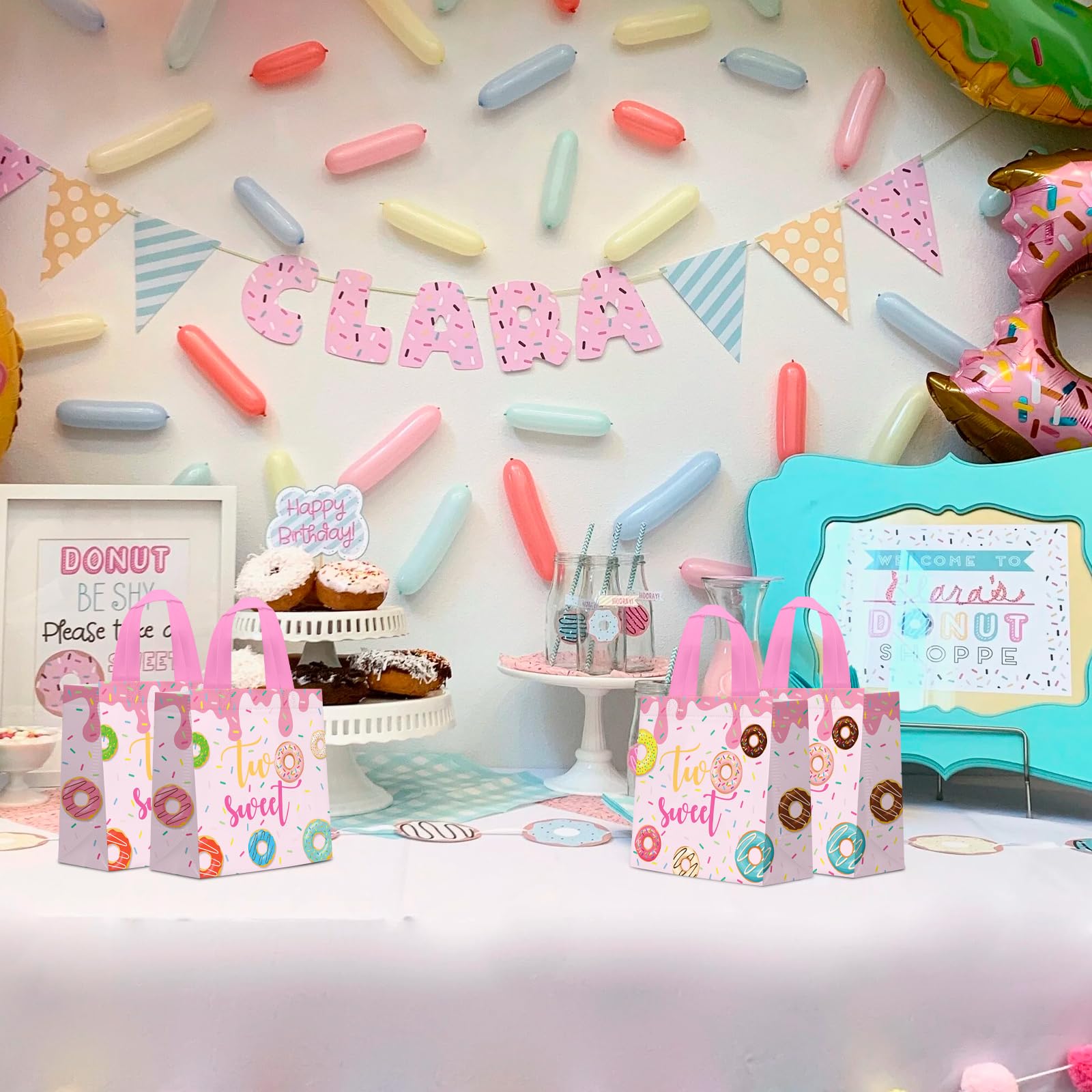 KERINGO 24 PCS Two Sweet Goodie Bags for Two Sweet Birthday Party Supplies Donut Party Favor Bags Donut Non Woven Candy Goodie Treat Bags for Two Sweet Party Favors Kids
