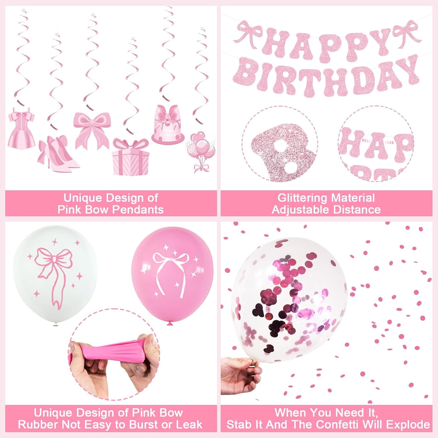 2nd Birthday Decorations for Baby Girls, Pink Bow Coquette 2 Birthday Balloons Set,33 Pieces, Includes Banner, Hanging Swirls, Balloons, Perfect for Girls' Party - Image 5