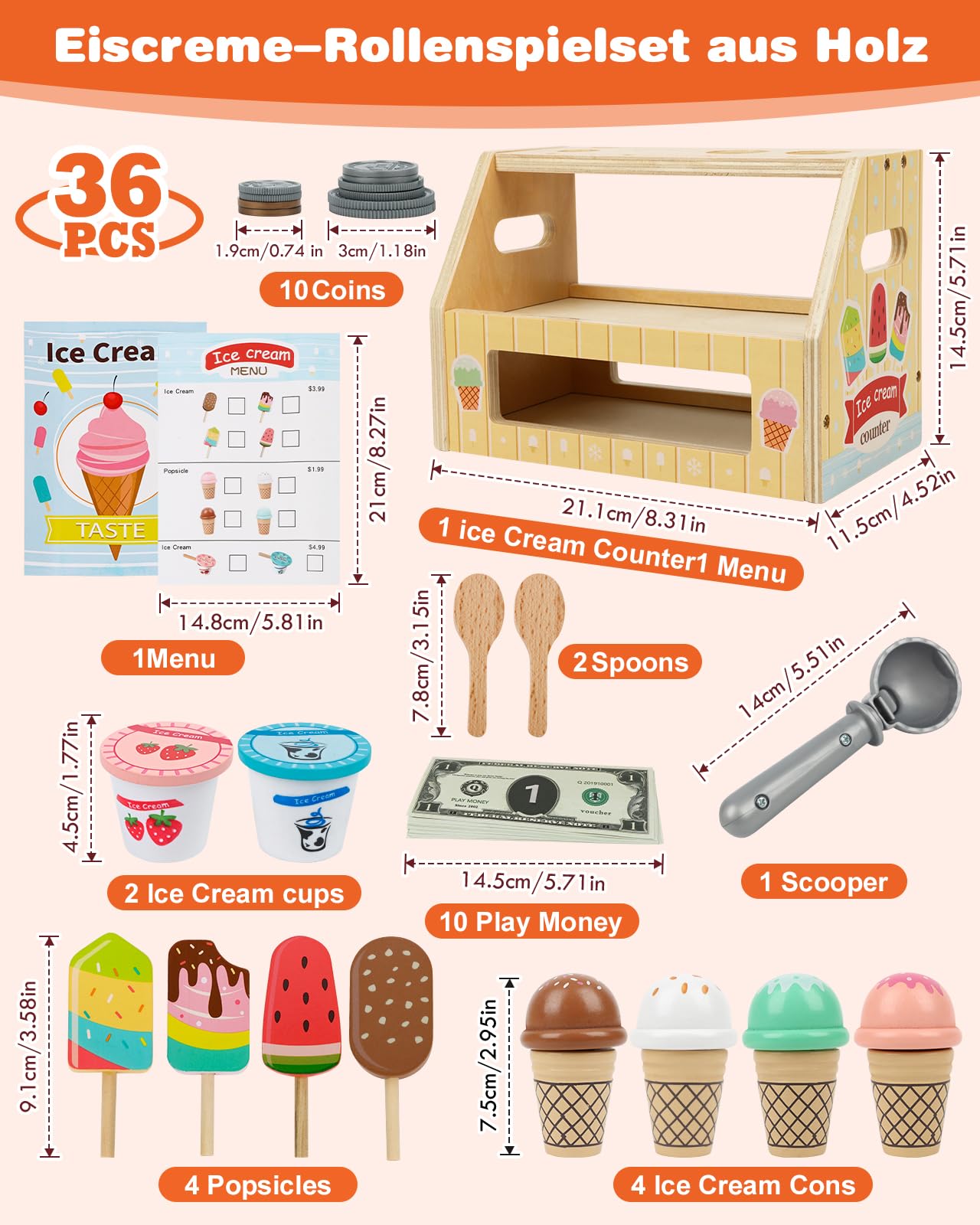 KidMigo Eisdiele Kinder Holz – 36-teiliges Eisladen Spielzeug mit Eisstand, Holz Eisdiele ab 3 Jahre, EIS Spielzeug für Kinder, Kaufladen Zubehör Kinderküche