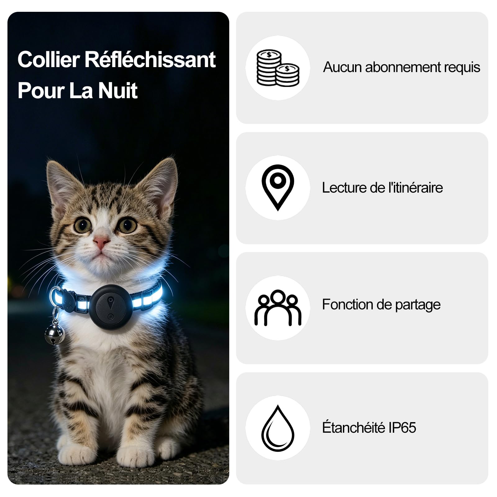 Collier GPS Chat 2-en-1,Collier GPS pour Chien Réfléchissant,Suivi en Temps Réel Et Fonctions Anti-Perte,sans Abonnement,iOS/Android,Collier Réglable avec Grelot,Adapté Aux Petits Chiens/Chats-Noir
