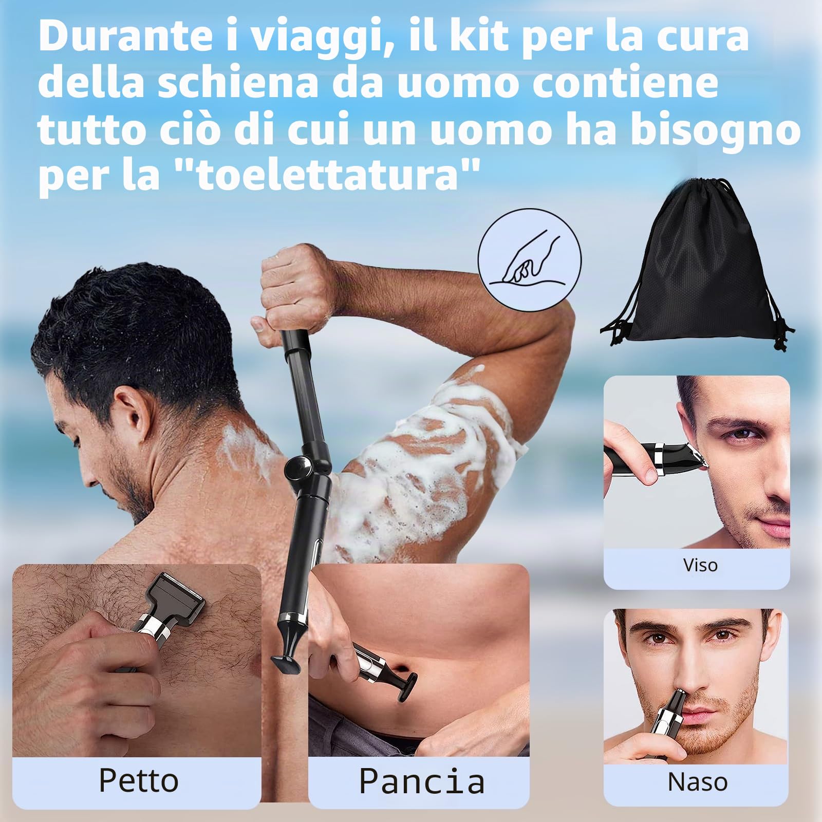 Rasoio Schiena Uomo 4 in 1, IPX6 Impermeabile con Braccio Estensibile | Impermeabile IPX6 | Braccio Estensibile Regolabile | Rasatura Bagnato e Asciutto | Ricaricabile per Corpo e Barba