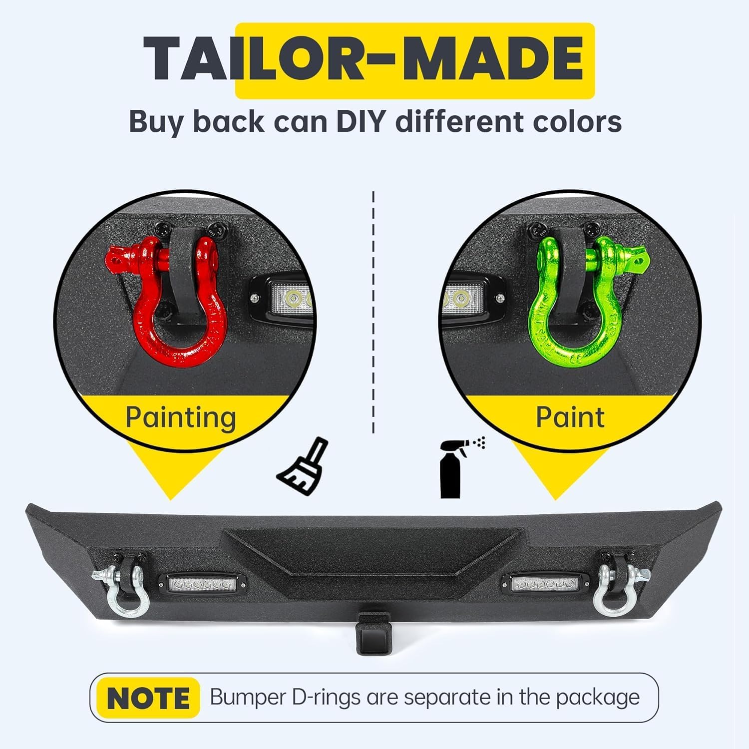 KUAFU Rear Bumper Compatible with 1987-2006 Jeep Wrangler TJ YJ With LED Lights 2" Hitch Receiver D-rings Off-Road Style Black Texture