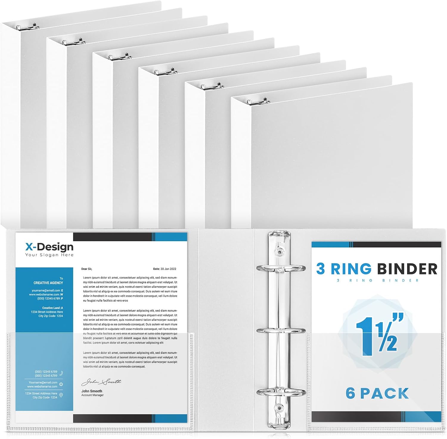 Henoyso 6 Pcs Plastic Mini 3 Ring Binder 1.5" Round Rings with 2 Insert Pockets, Fits 5.5" x 8.5" Paper, Capacity 280 Sheets, White Three Rings Flexible Small Binders for School, Office, Photo Album White 1.5''