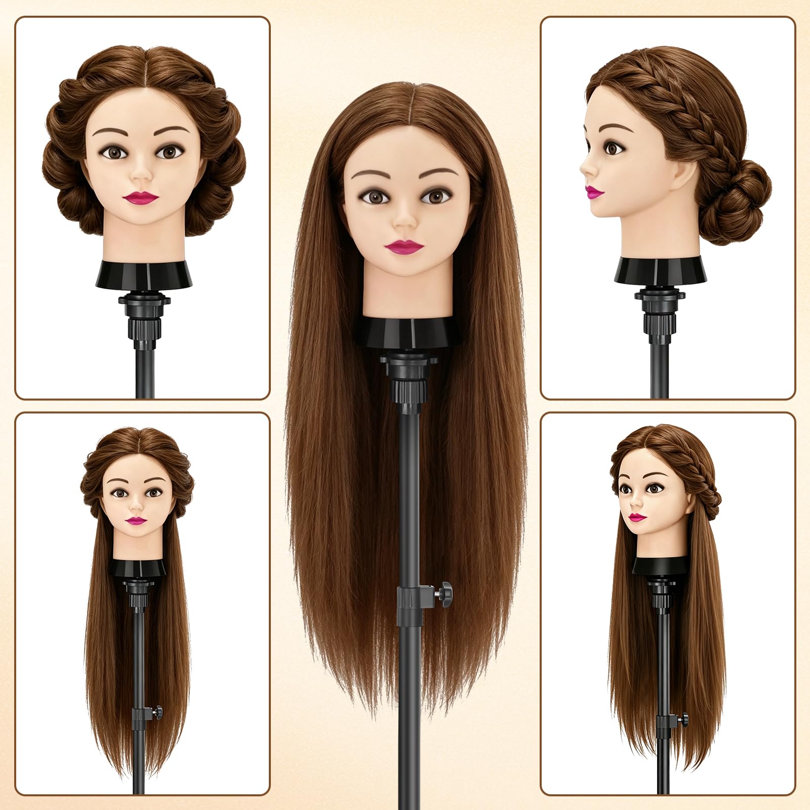 TwoWin Frisierkopf 80% Echthaar, Übungskopf 24 Zoll /60cm Friseurkopf, Trainingskopf für Friseure für Styling & Friseurpraxis mit Tischhalter + DIY Haare Frisuren Set (Braun)