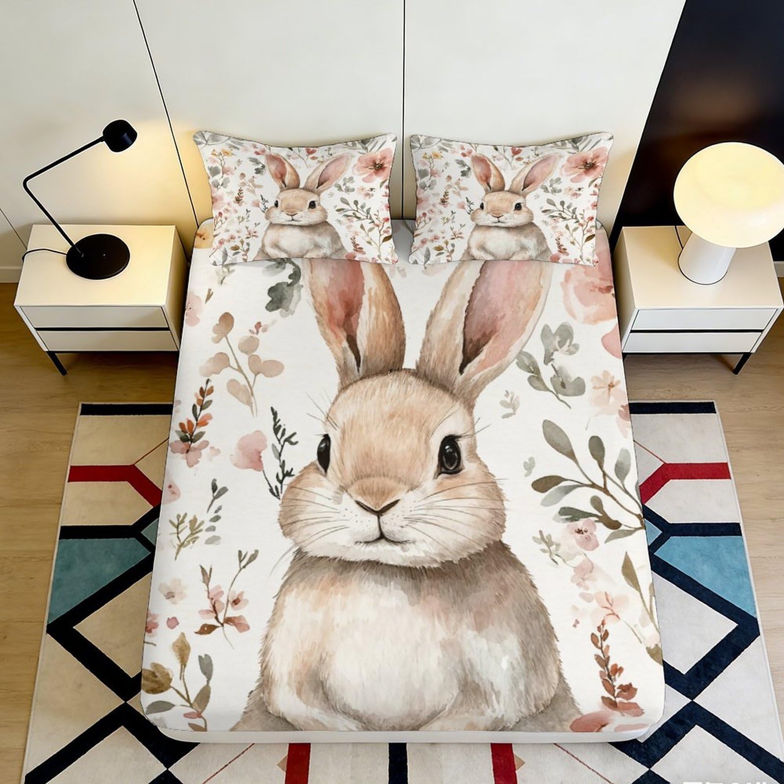 Uxinyoume Style-9 3D Printed Bunny Floral Fitted Sheet Microfiber Soft Beige Rabbit Bed Cover For Bedroom Guest Room Mattress Protection 90X200x25cm