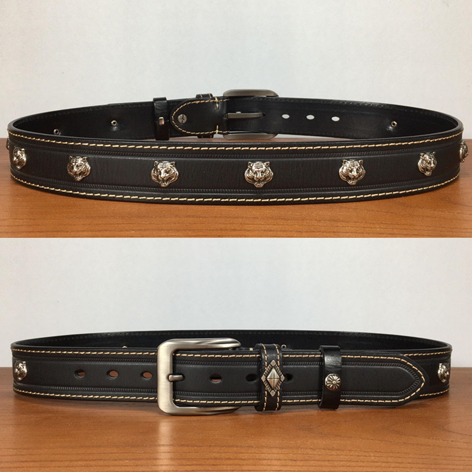 Cinturon Hombre Tachonado, Cinturón de Cuero Genuino Ajustable Rivet Retro Punk, Cinturones Occidental Remache Cabeza Tigre con Hebilla de Metal Aleación,Negro,110CM/43.3''