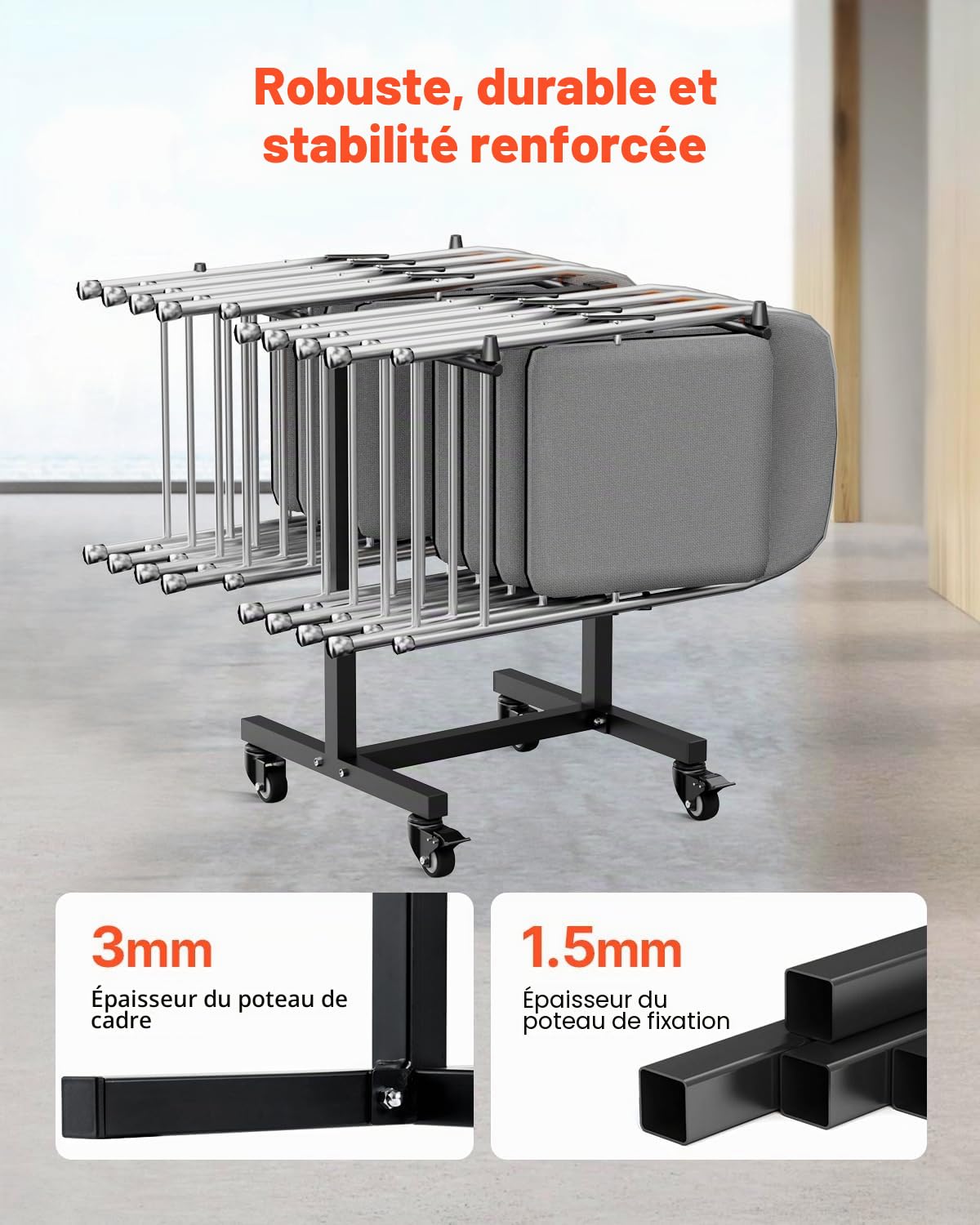 VEVOR Chariot de Chaise Pliante, Capacité de Charge 90 kg, Support Robuste pour 14 Chaises, Organiseur de Rangement Multifonction Métallique en Forme de T avec Roues, pour Salle à Manger, Noir Mat