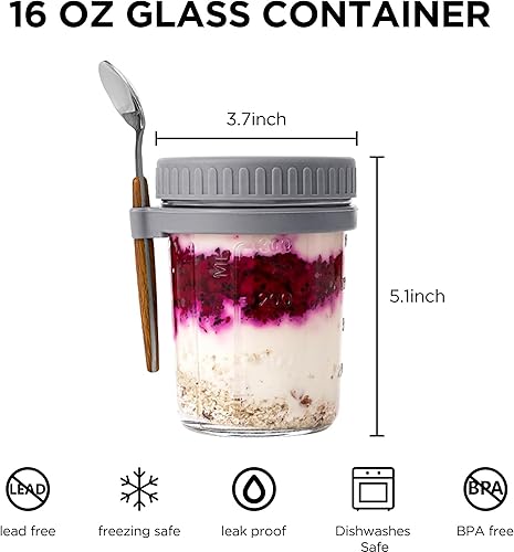 Miniatura 3 de Famyards Paquete de 6 recipientes de avena con tapas herméticas y cucharas, tarros de vidrio de 16 onzas con marcas de medición, tarros de avena