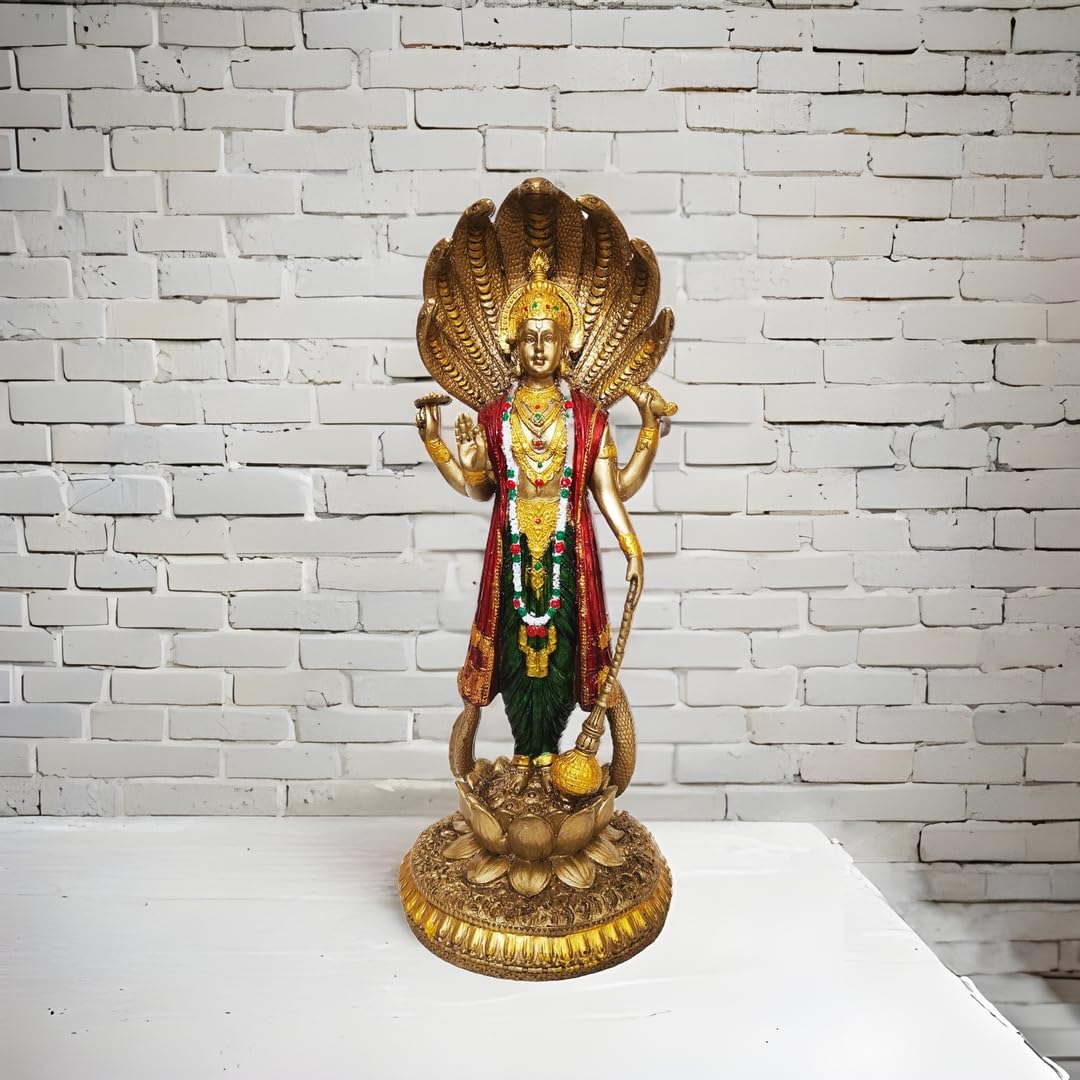 YASHONIDHI Venkatesh Narayan Vishnu Bhagwan Statue, 12 Inches, Lakshminarayan Gold-Colour Murti Standing on Lotus and Sheshnag, for Home, Office Decoration, for Pooja Room-image-46
