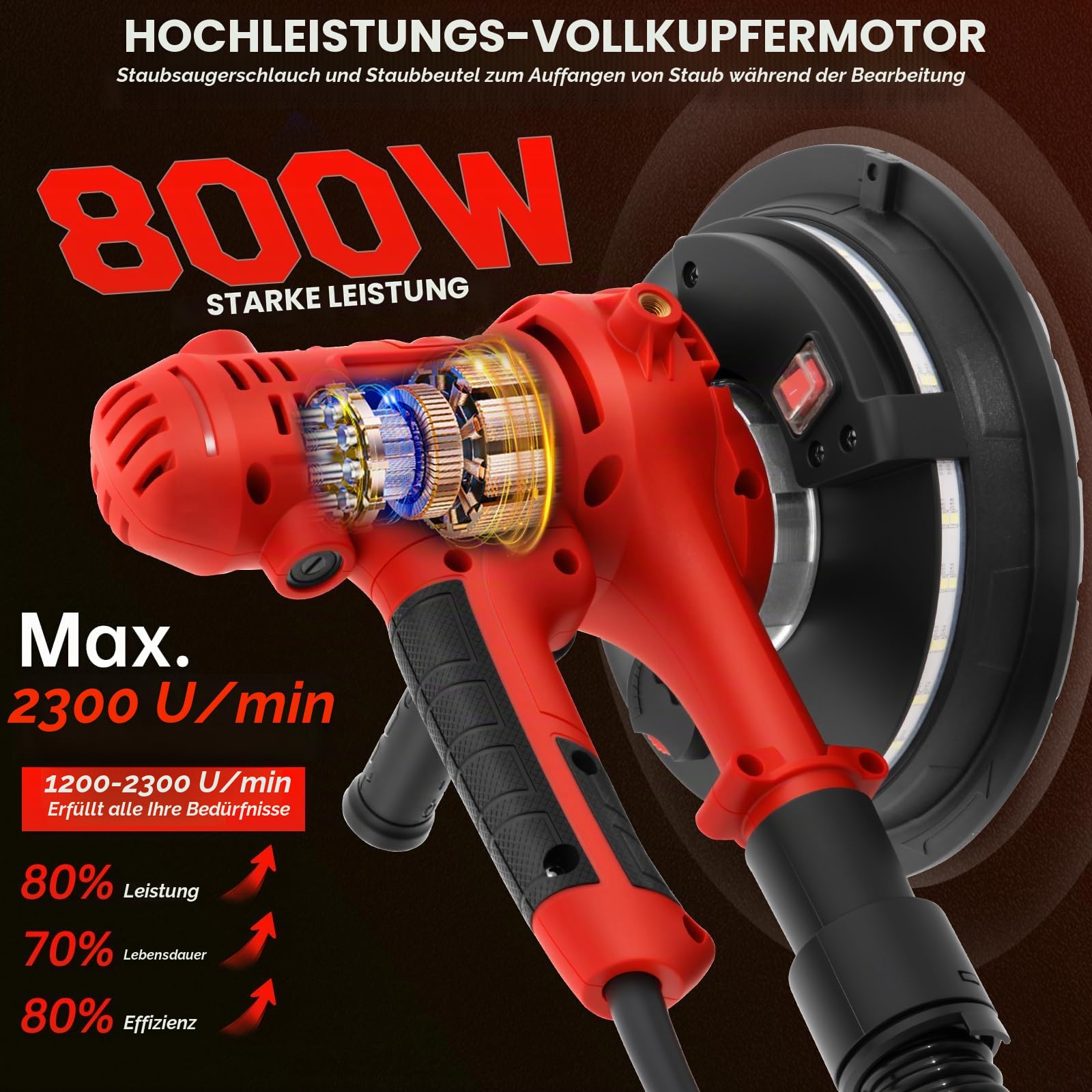 800W Trockenbauschleifer,Wandschleifer, 6 Geschwindigkeitsstufen,ausgestattet mit einer großen,Schleifteller mit Bürstenkranz, integrierte Staubabsaugung, inkl.12x 180 mm Schleifpapier