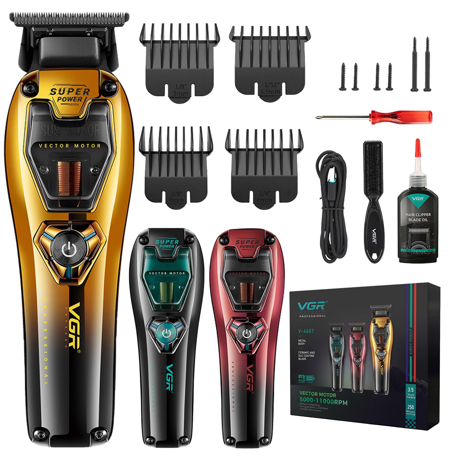 VGR 668 T Maquina Cortar Pelo hombre, Cortapelos, Motor Vectorial 11000 RPM | Recortador de Precisión con 4 Peines Guía, Carcasa Intercambiable, Carga USB