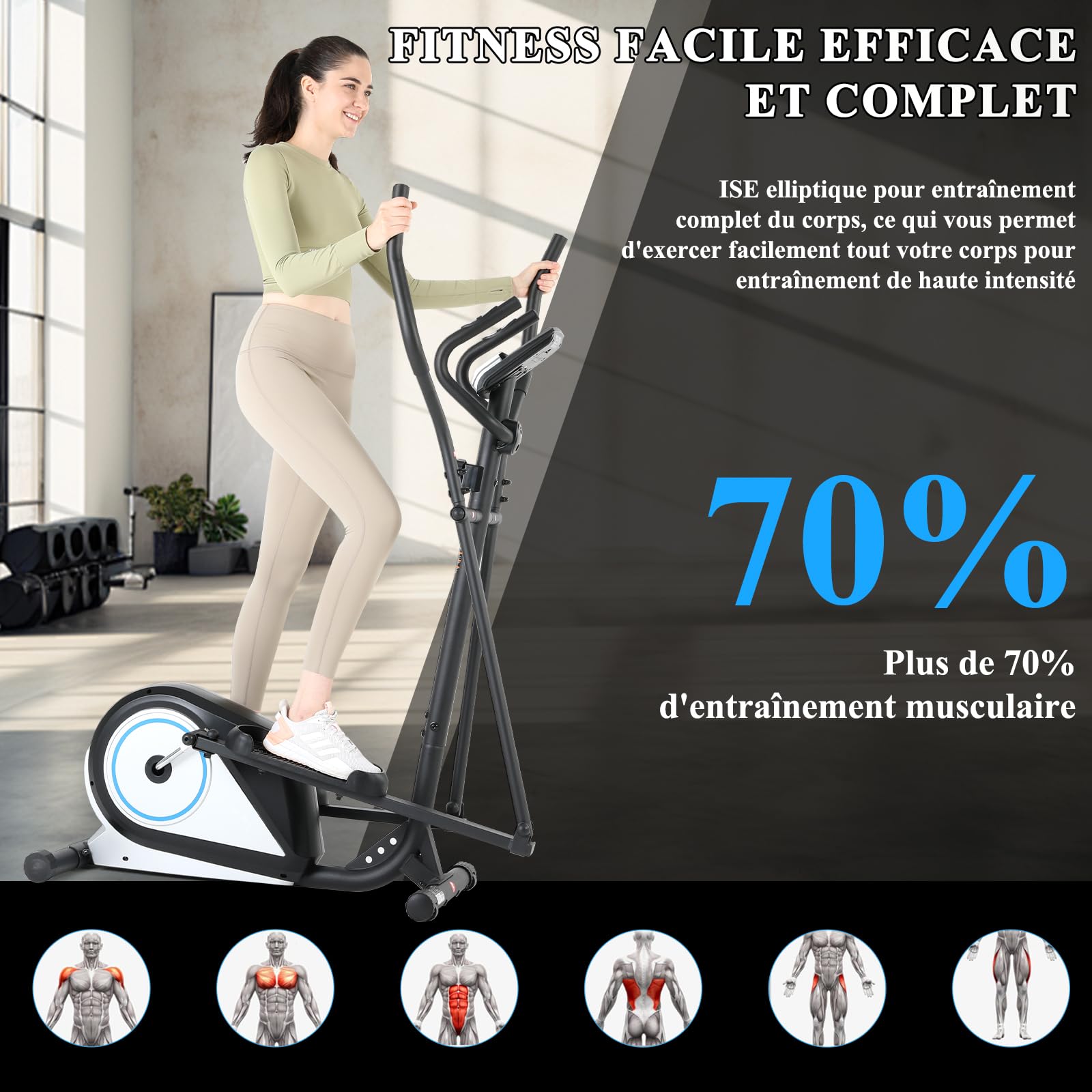 ISE Vélo Elliptique d'Appartement Magnétique, Vélos Elliptiques Maison/Bureau, Ecran LCD, avec 8 Niveaux Résistance, Affichage LCD Impulsion, Volant d'Inertie Magnétique, Velo Elliptique Cardio