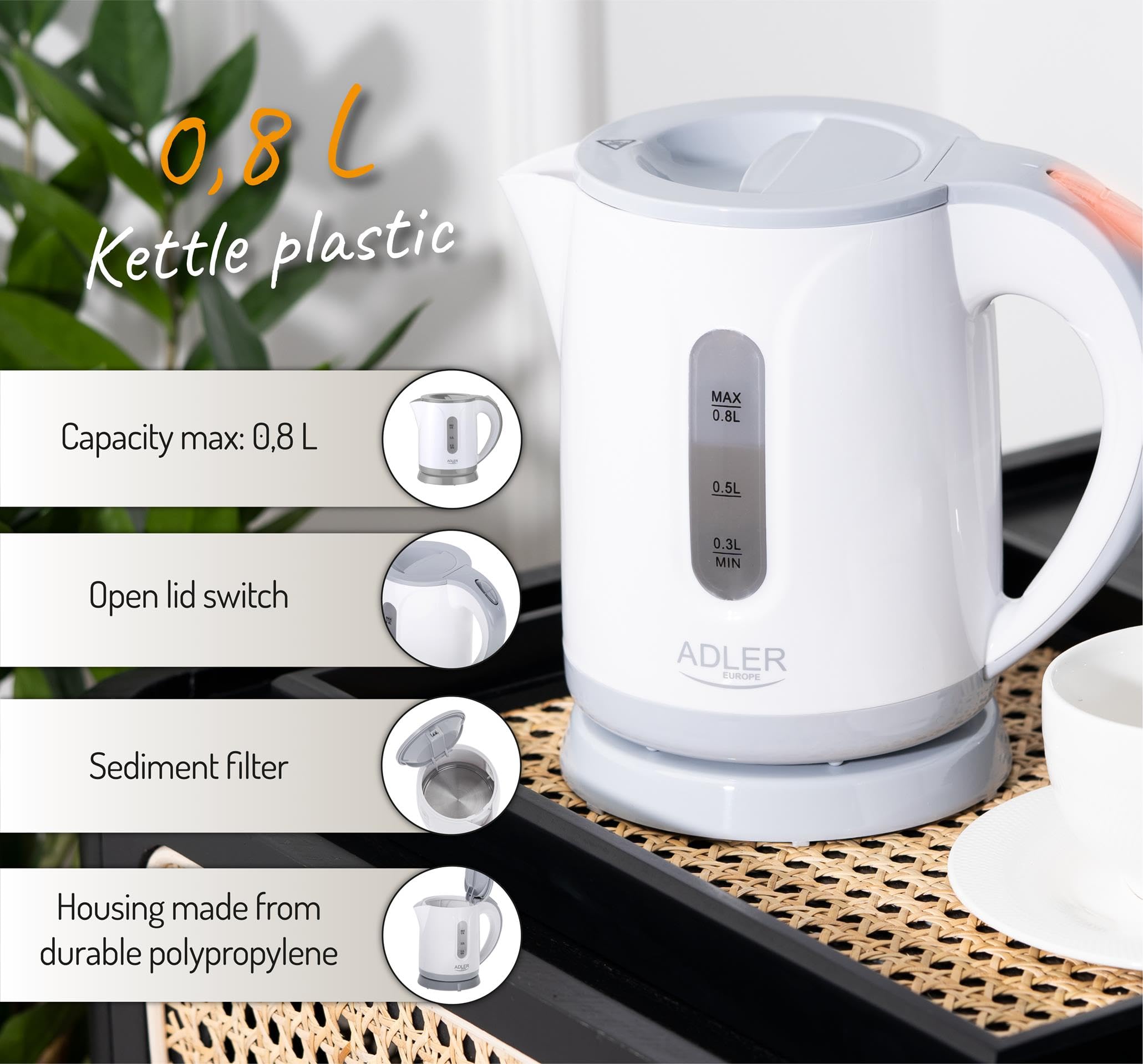 Adler AD 1371g Czajnik Elektryczny, 0.8L, Filtr Antywapienny, Obrotowa Podstawa 360°, 850W
