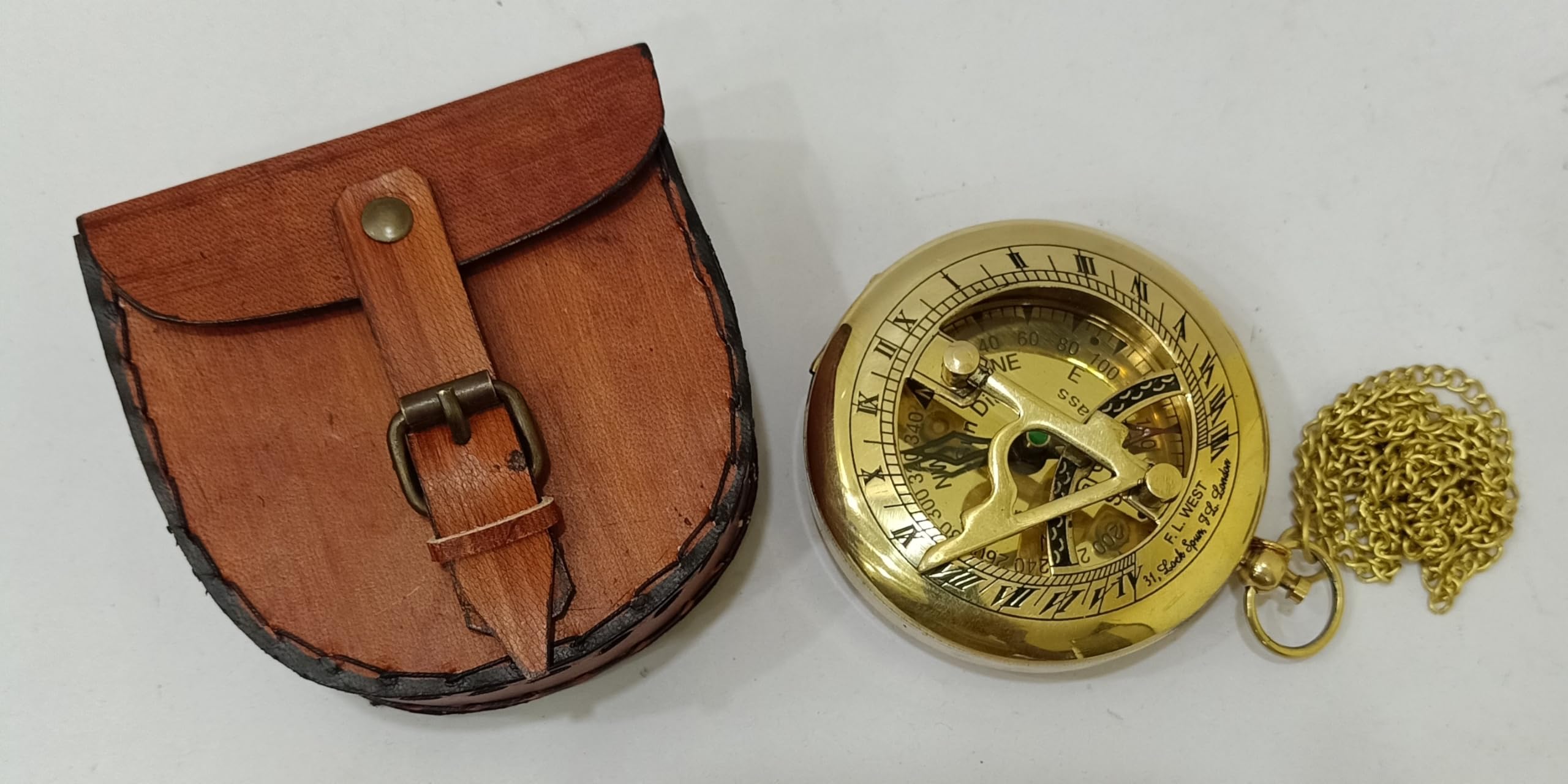 Antique Finish Brass 2" Sundial Compass Nautical Marine Old Vintage Pocket Style Compass with Leather case-image-7
