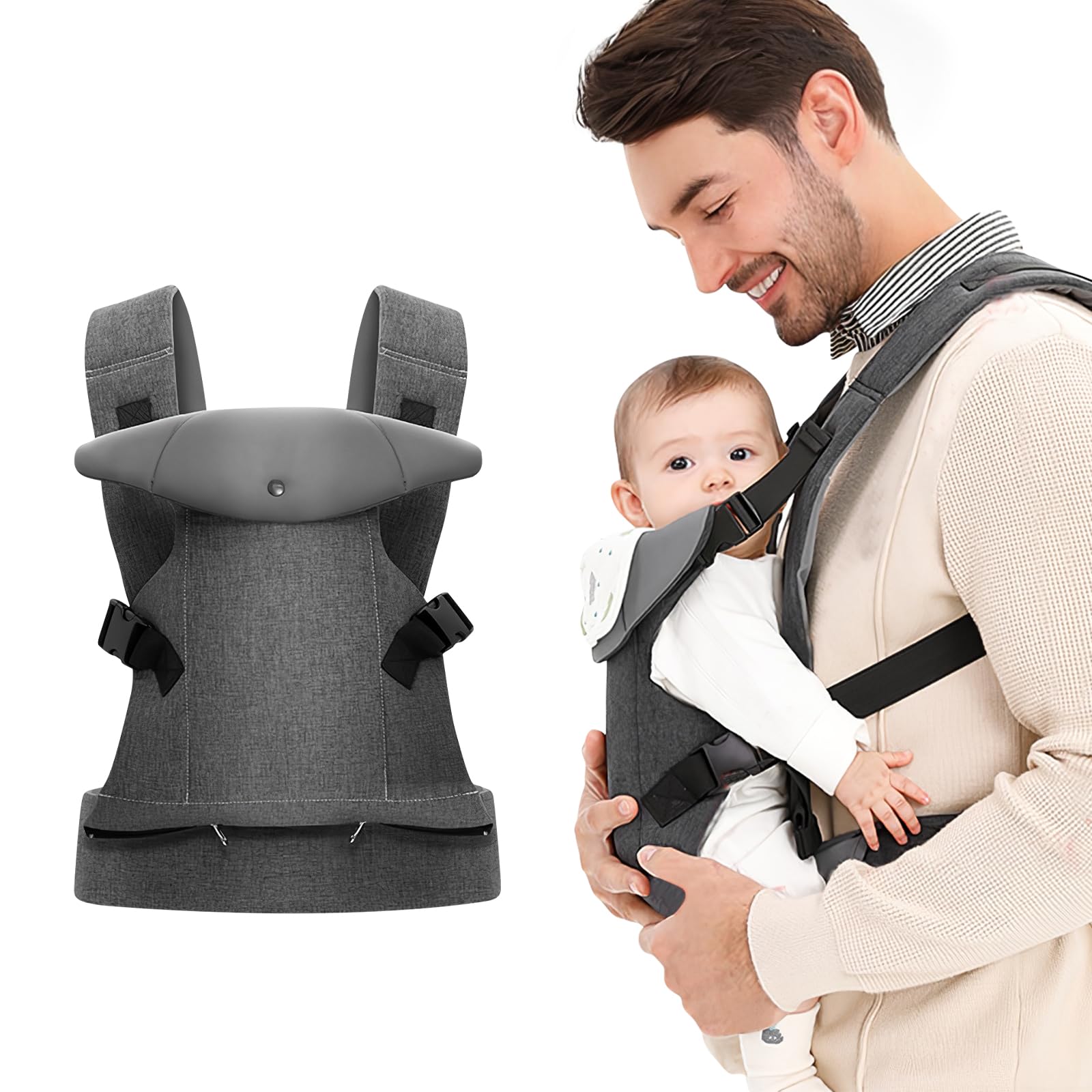Babytrage, Baby Carrier for Newborns Trage Baby Ergonomische für Kleinkinder Tragetuch Baby Neugeborene mit verstellbarem Hüftgurt Schulterriemen Vorne und Hinten Tragen für 1-36 Monate (Grau)