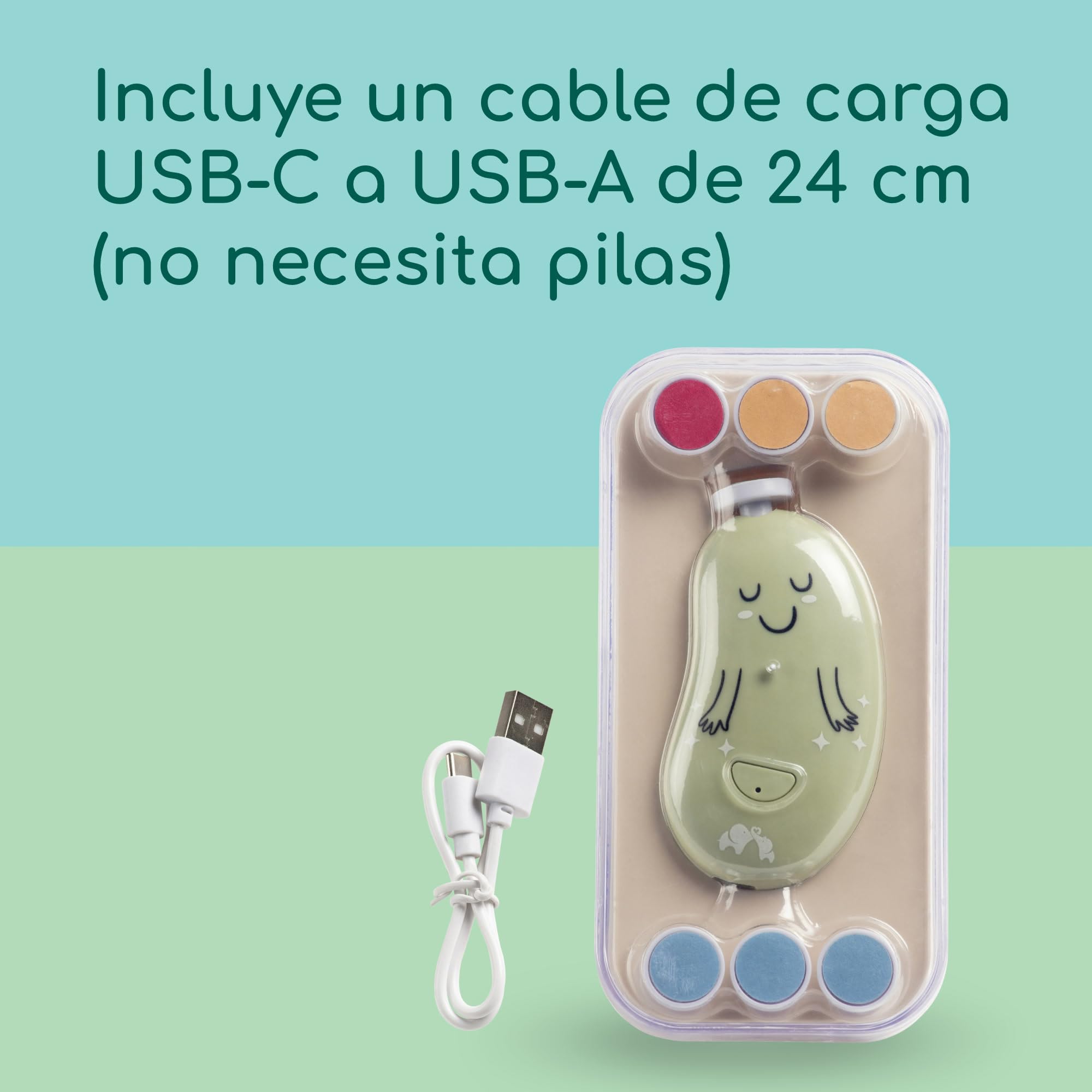 Bebeconfort Lima Electrica Uñas Bebe, Desde el Nacimiento, Para Bebés y Niños Pequeños, 7 Limas Para Uñas con Diferentes Texturas, Carga USB-C, 3 Velocidades, Luz LED, Funda de Almacenamiento, Verde