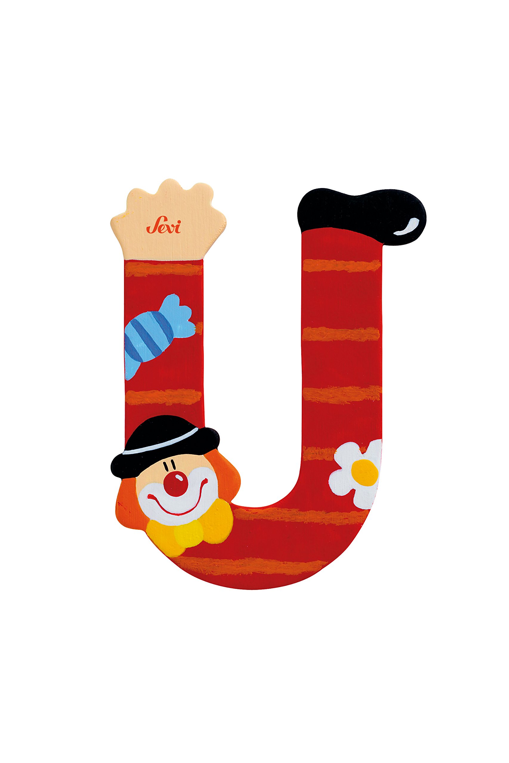 Sevi 81757 Wooden Letter U Clown Approx. 10 cm, Door Letters for Children's Room, ABC Wooden Educational Toy for Children from 3 Years, Letter Clowns Assorted, Pink/Yellow/Blue, Multicoloured, Approx
