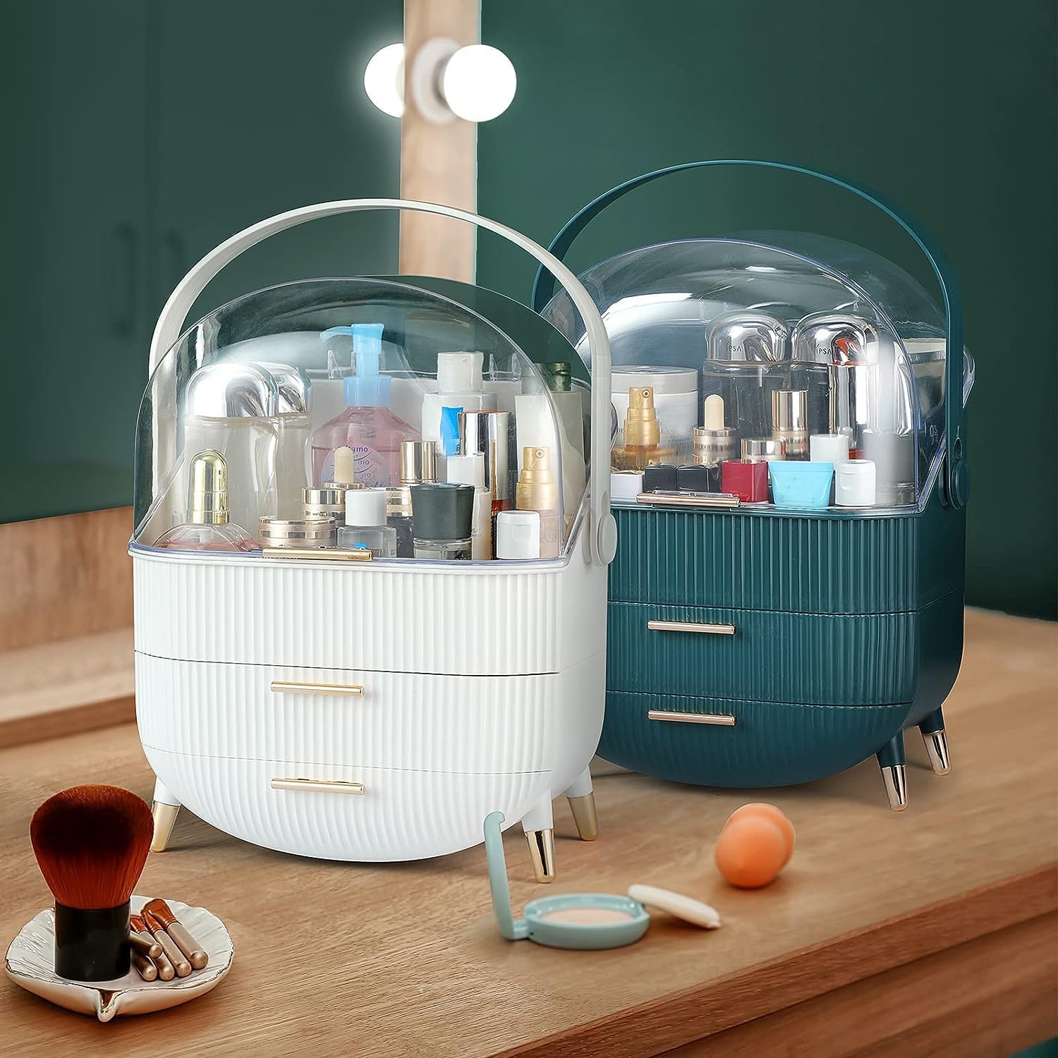 Kousee Custodia multifunzione per cosmetici, antipolvere, organizer per prodotti per la cura della pelle, organizer per gioielli, scatola per finitura per camera da letto, bagno, scrivania, verde