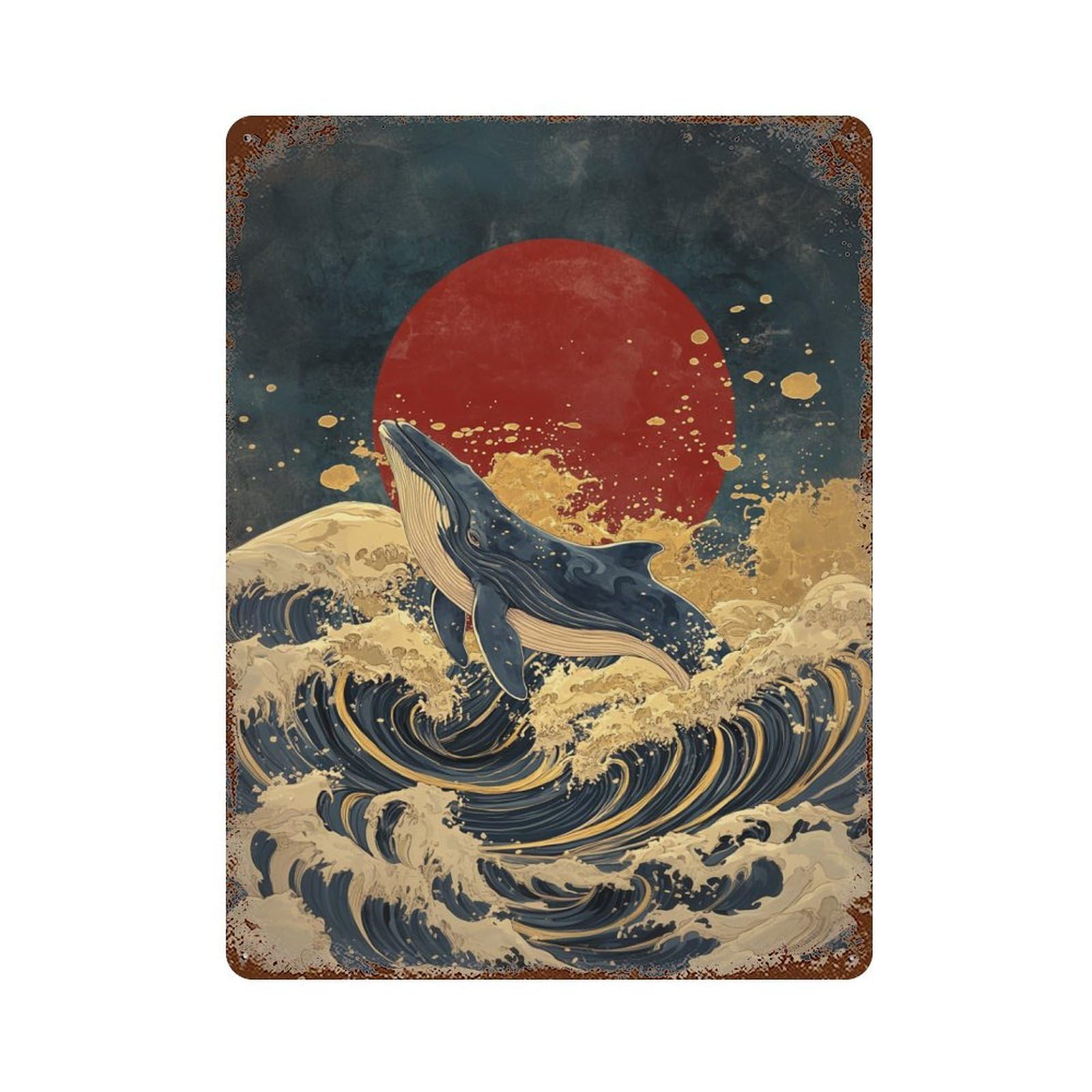 Whale Riding Waves with Red Sun-1 15.7"x11.8" Distressed Metal Wall Sign, Shabby Chic Decor for Office, Studio And Wall Decor