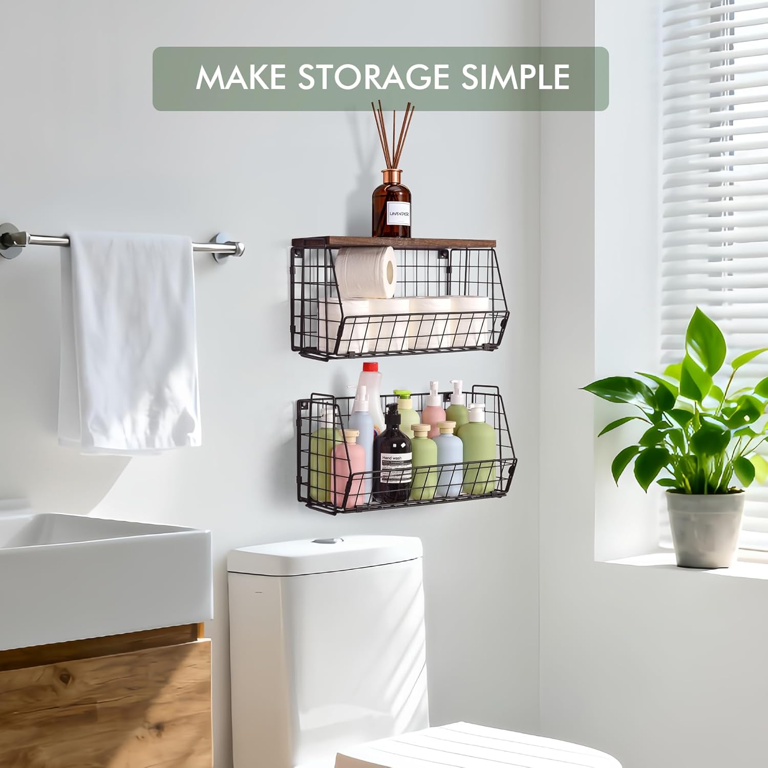 Wall Storage Hanging Baskets 2 PACK - Wooden Top Wire Basket Organizers & S Hooks - Assemble Floating Shelf Racks for Pantry Kitchen Office Bathroom Garage Organization (Extra Large)