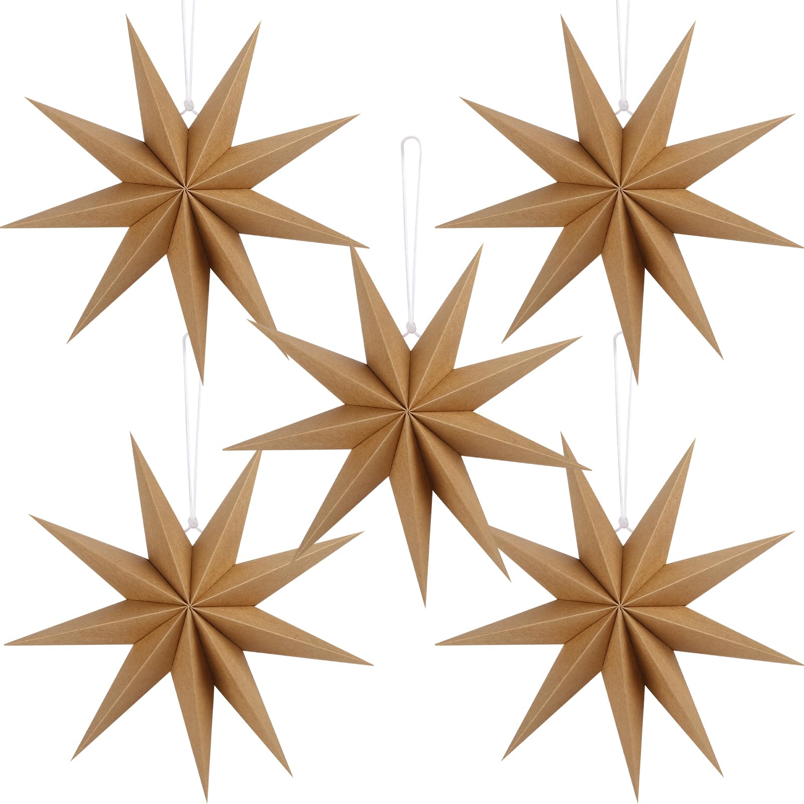 12 Inches 5 PCS Brown Paper Star Lanterns Christmas Party Decorations Hanging Stars Christmas Party Decorations Wedding Birthday Christmas Home Party Decorations(9 Pointed)