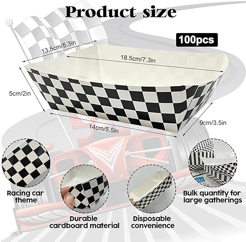 Miniatura 2 de 100 bandejas de papel a cuadros para autos de carreras con 100 forros delicatessen, bandejas de papel desechables para nachos, bandeja de servir a