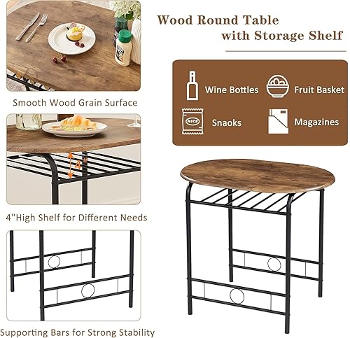 Miniatura 5 de VECELO Juego de mesa y silla redonda de madera de 3 piezas para comedor cocina bar desayuno con estante de almacenamiento de vino ahorro de espacio