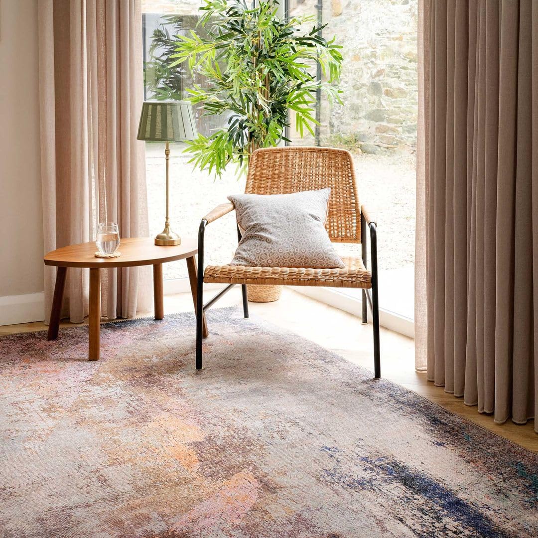 Neutral Distressed Abstract Cotton Area Rug Machine Washable Stain-Resistant Non-Slip Sustainable Navy Blue Living Room Carpet Hallway Bedroom Kitchen Rugs 80cm x 150cm