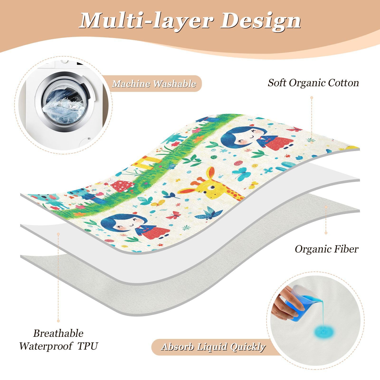 Almohadillas de cama de niña linda de jirafa, almohadillas impermeables para humedecer la cama, a prueba de fugas, cuna de secado rápido para niños y niñas, 132 cm de largo x 86 cm de ancho