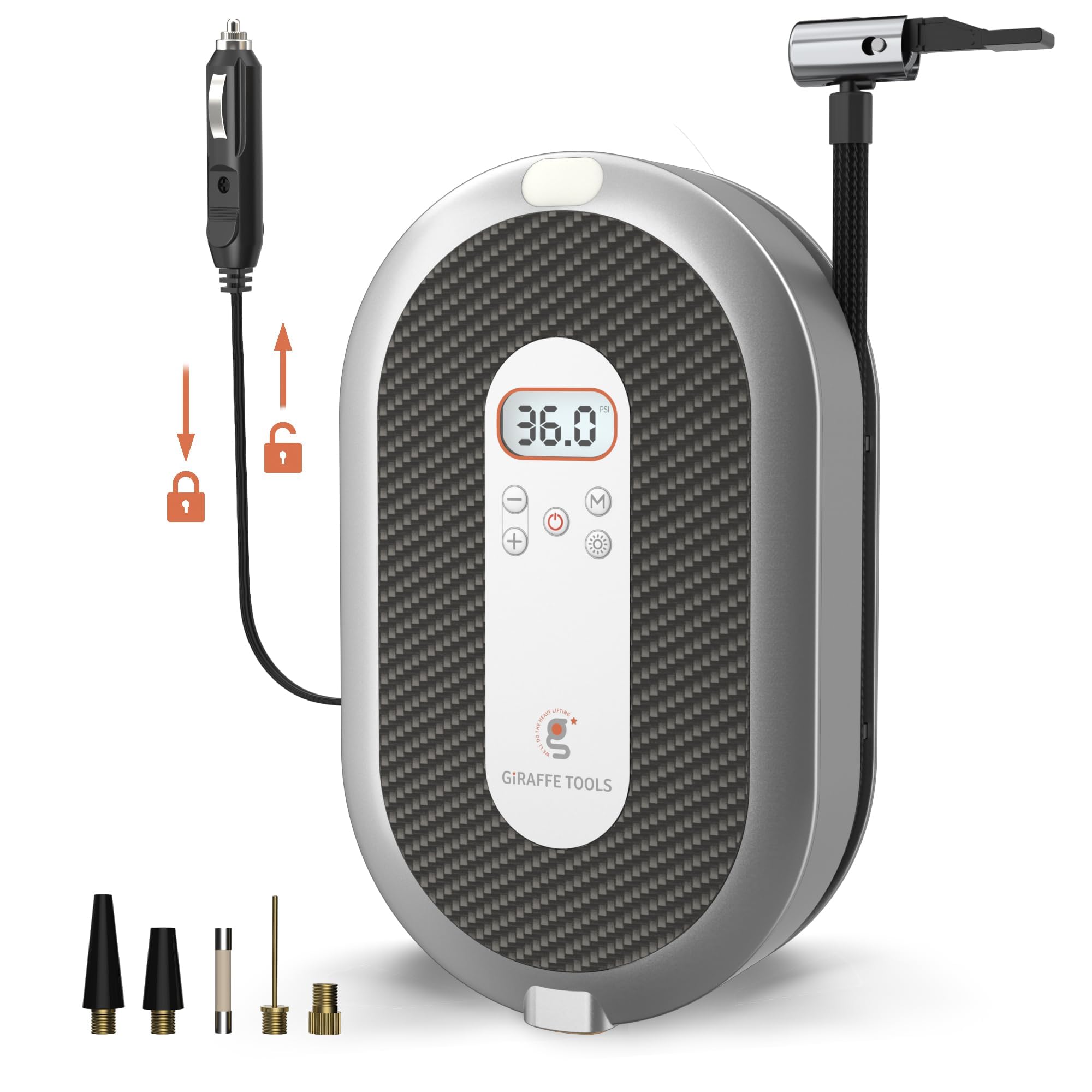 Retractable Car Tyre Inflator 12V DC with Cable, 150PSI Portable Air Compressor with Pressure Gauge and Adapters for Cars, Motorcycles, Bikes and Balls