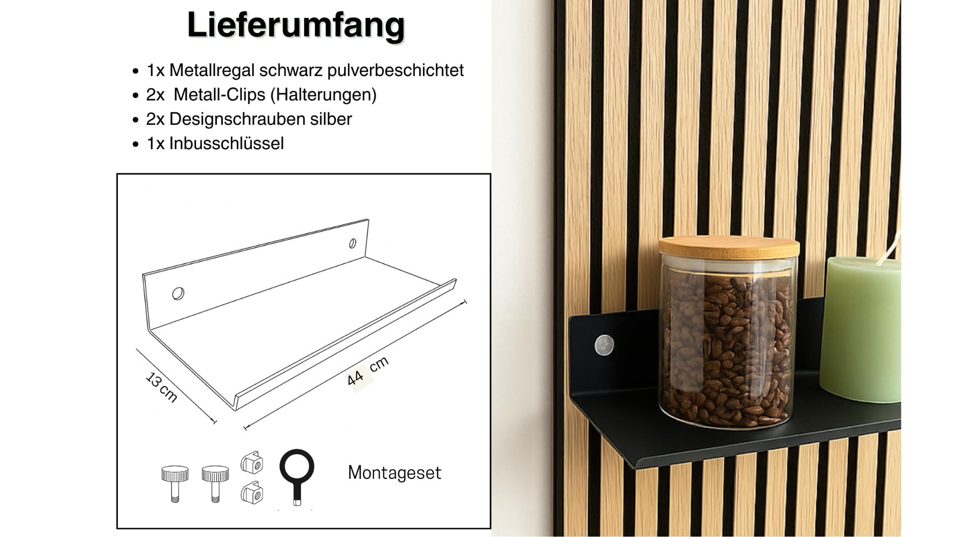 Steinmine - Designmanufaktur Wandregal Metall schwarz matt – Metallverschraubung - kein Bohren – Zubehör für Akustikpaneele (44cm x 13cm)