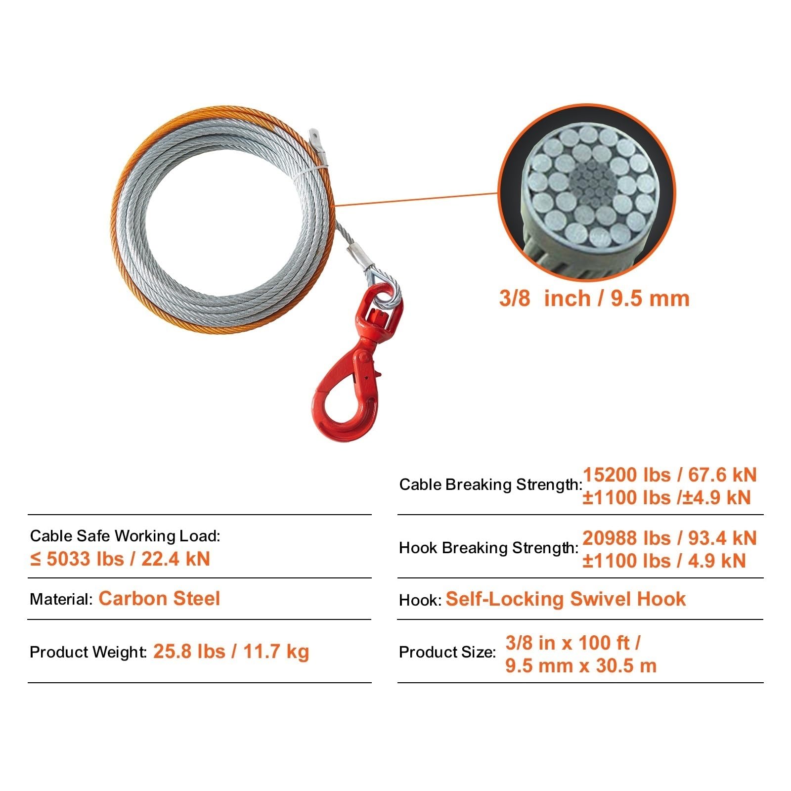 50/75/100 füße Verzinktem Stahl Winde Kabel 3/8 Zoll Bruch Festigkeit Draht Winde Seil for SUV Große Off-Road Fahrzeug Abschleppseil(100ft)