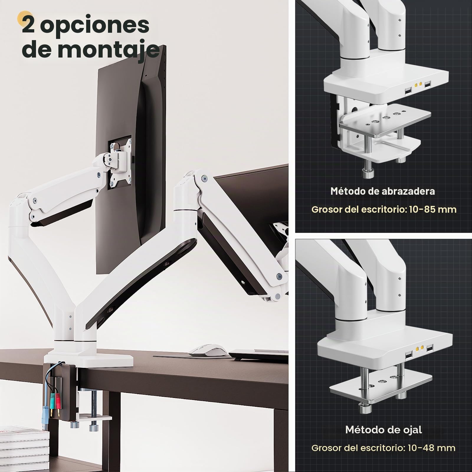 PUTORSEN Soporte Monitor Double para Pantalla Plana y Curvada de 17"-35", Brazo Monitor Doble de Gas con Altura Regulable con inclinaciones, 15 kg/Brazo, con USB 3.0, VESA 75&100mm,Blanco