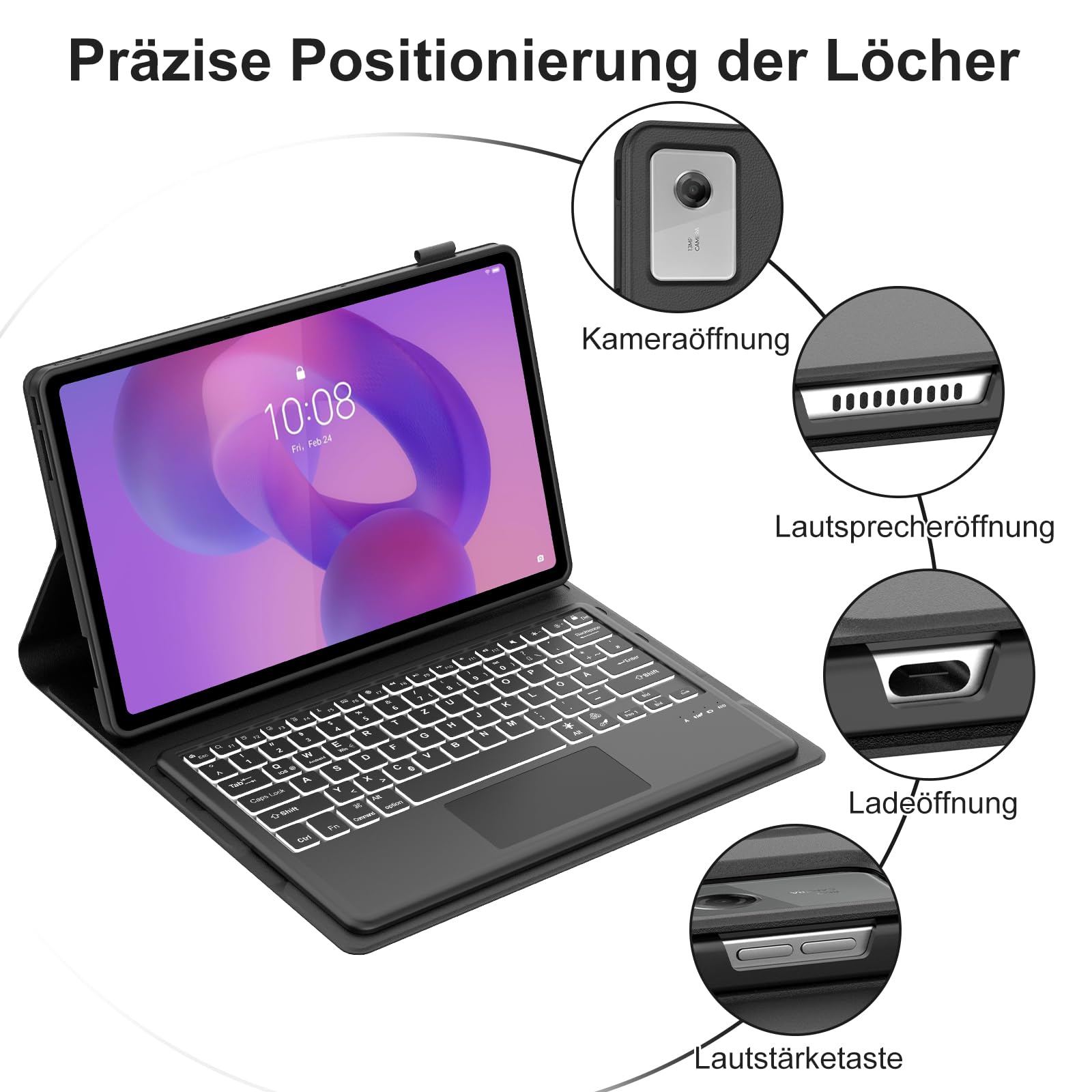 Tastatur für Lenovo Idea Tab Plus 12,1 Zoll TB361ZU/TB361FU, Schwarz | Hülle mit Tastatur für Lenovo Idea Tablet Plus 12.1" 2025 con Touchpad, Magnetisch Bluetooth Beleuchtung QWERTZ Keyboard