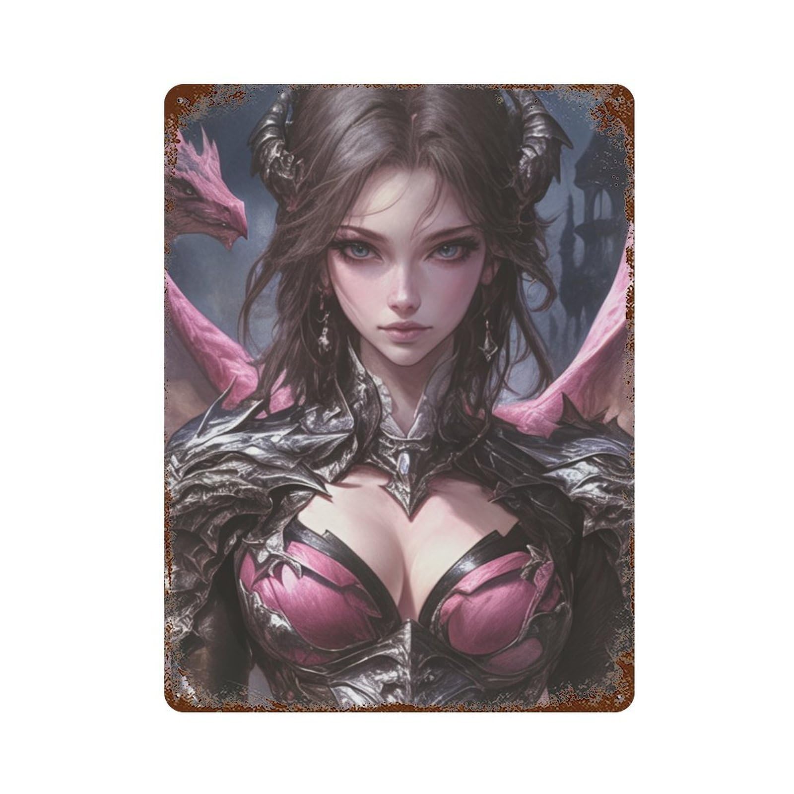Vintage Metal Tin Sign Fantasy Dragon Armor Woman 15.7"x11.8", Classic Wall Plaque for Farmhouse, Kitchen And Entryway Decor