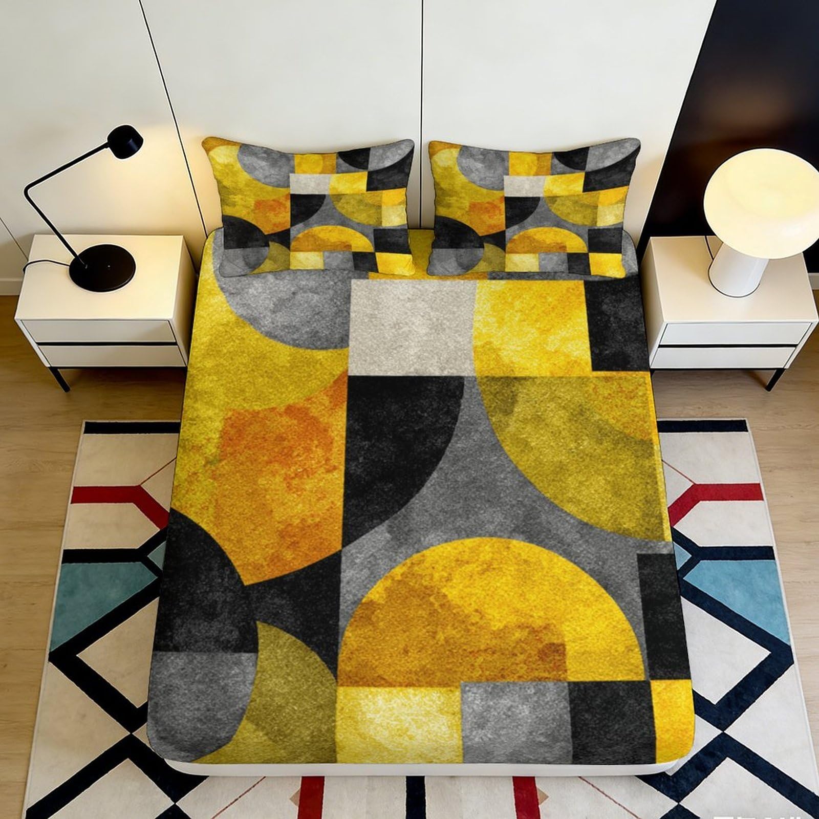 Jqzkxnhpbr Style-1 3D Printed Geometric Abstract Fitted Sheet Microfiber Yellow Grey Modern Pattern Mattress Cover Bedroom Decor 90X200x25cm