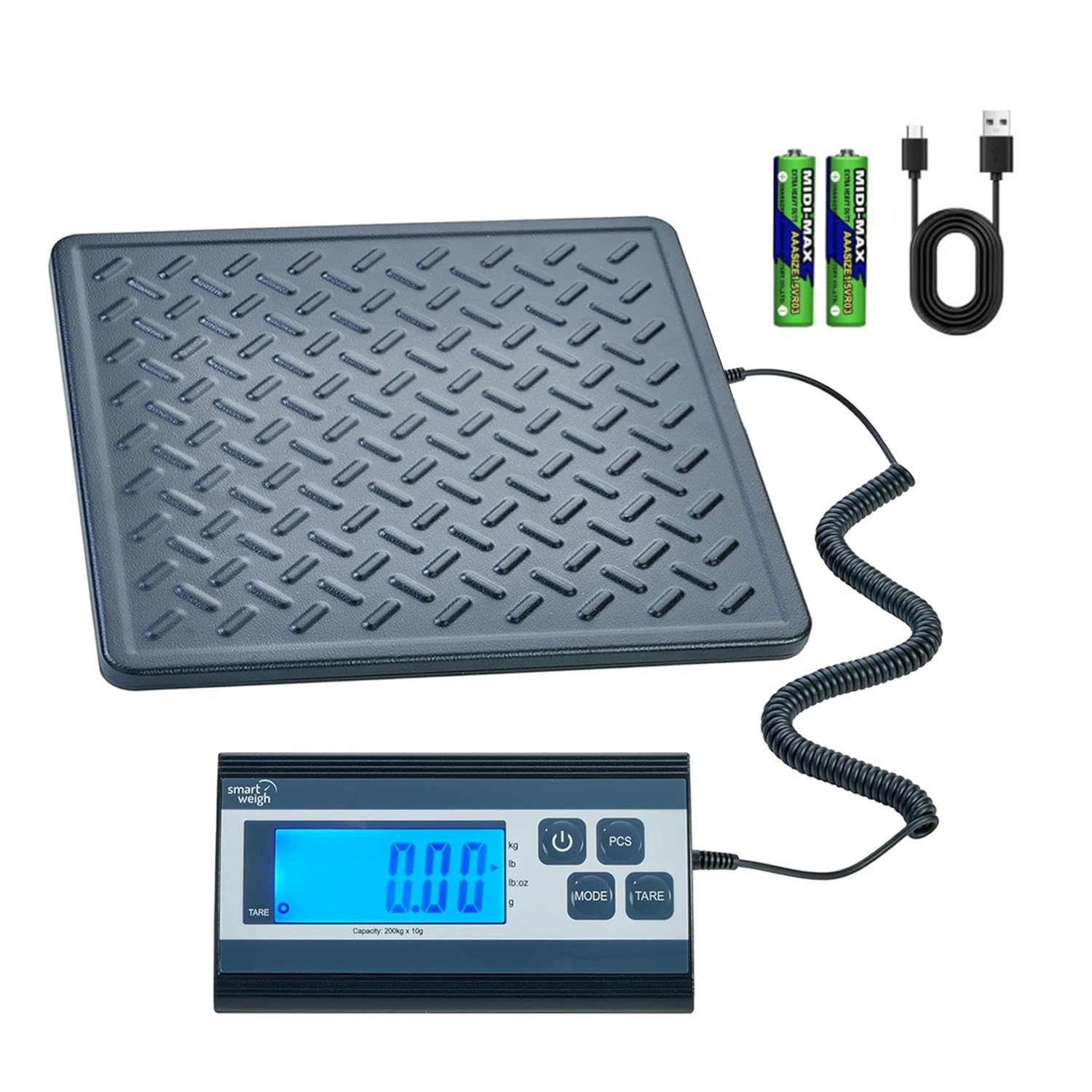 Smart Weigh Digital Postal Shipping Scale, 440 lb Capacity, 1 oz Readability, Tare Function, Battery or USB-C Power, Corded Display, Stainless Steel