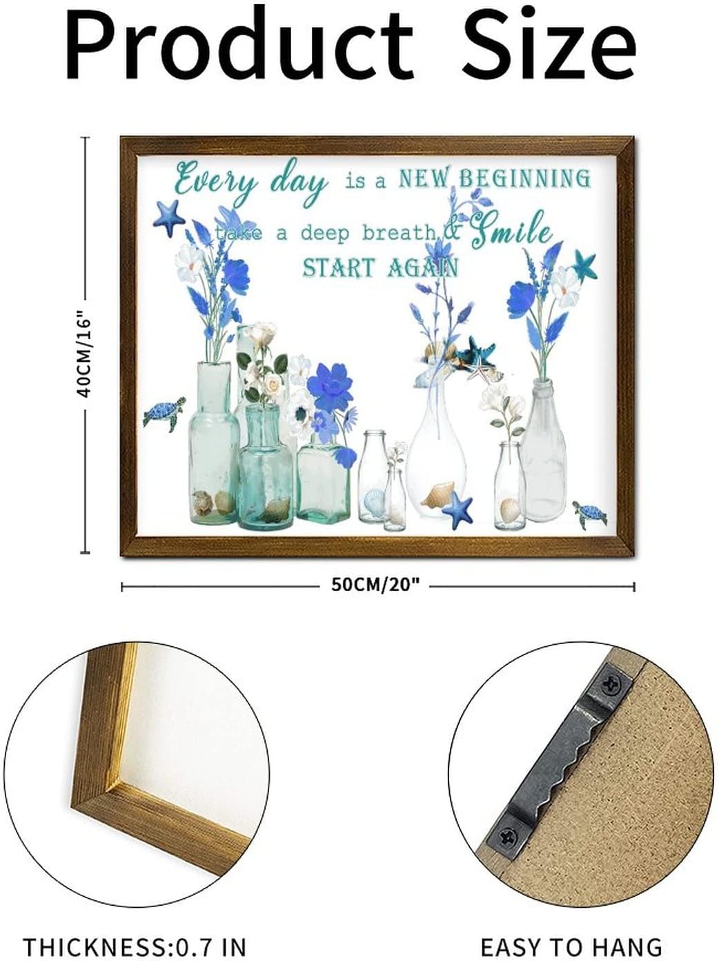 Everyday is New Begining Framed Wooden Signs Summer Beach Starfish Conch Flower Vase Wood Plaque Retro Botanical Artwork Home Family Wall Decor for Grandpa Papa Dad Boyfriend Teacher 16x20 Inch