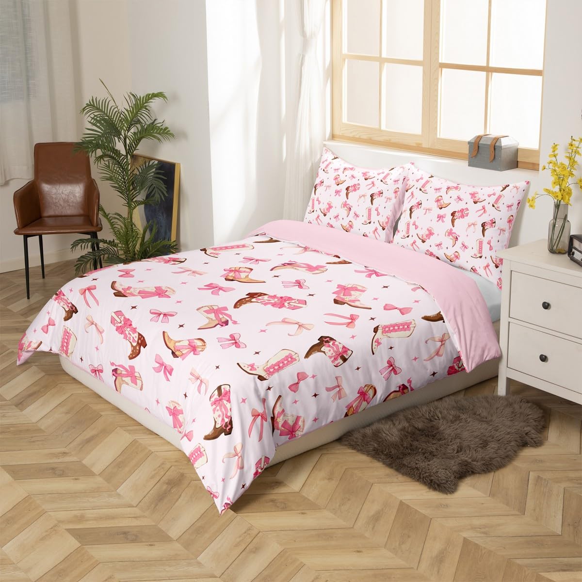jejeloiu Pink Bow Comforter Cover Toddler Western Farmhouse Cowgirl Bedding Set for Girls Kids Cowboy Boots Bowknot Duvet Cover Stars Printed Room Decor?No Comforter