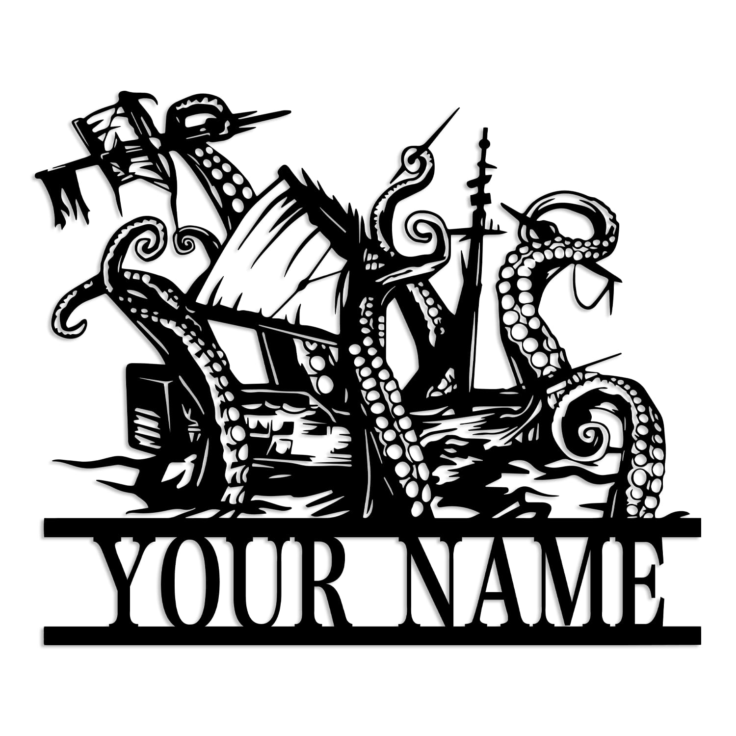 Kissesuu Style-1 Custom Ship Octopus Tentacles Metal Wall Art, Personalized Skull Octopus And Anchor Metal Sign,Personalized Kraken Name Sign, Beach House Decor, Home Decor (Style-1)