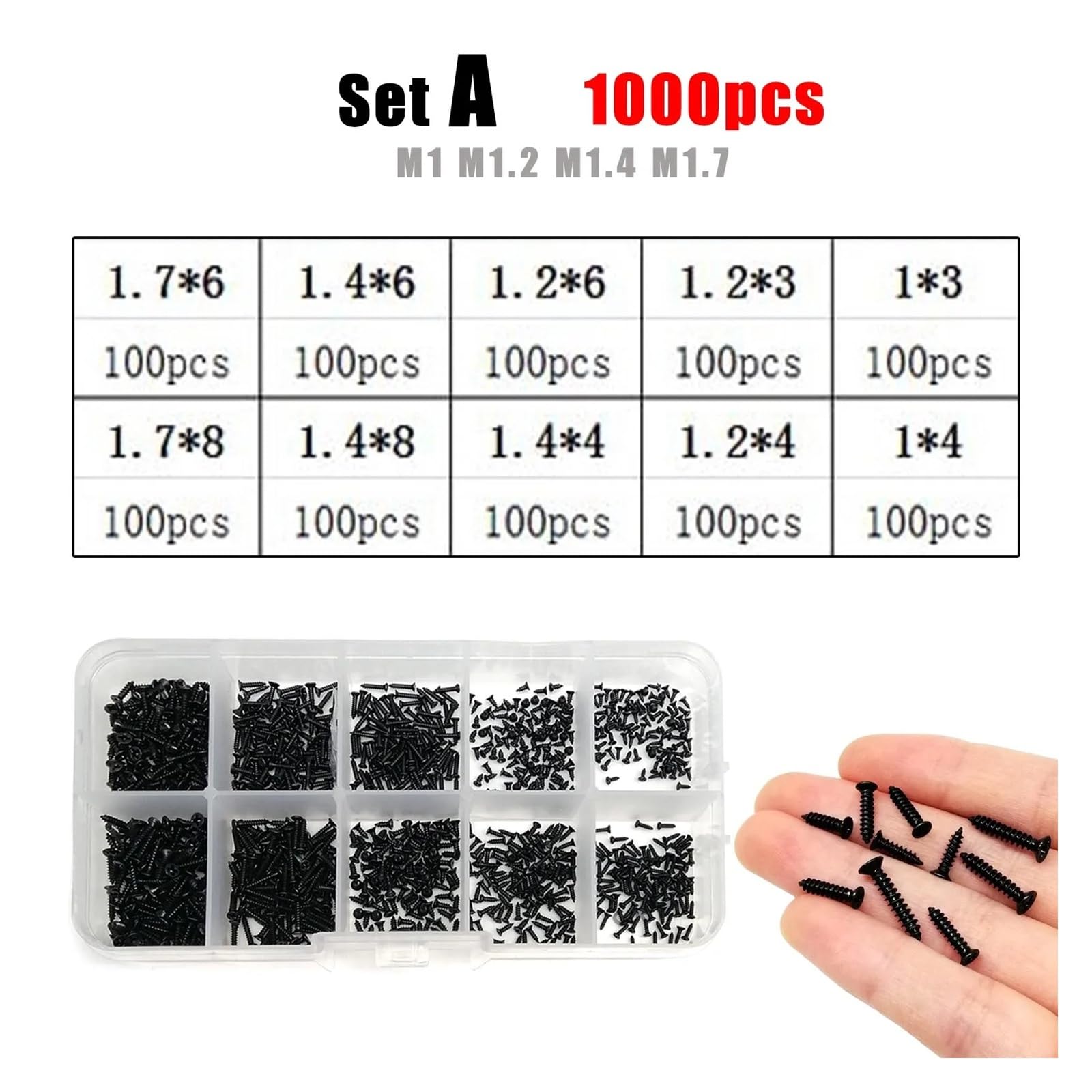 1 Kit de tornillos autorroscantes for madera de cabeza avellanada plana en cruz de acero negro, surtidos M1 M1.2 M1.4 M1.7 M2 M2.6M3 M4(Set D 2010pcs)