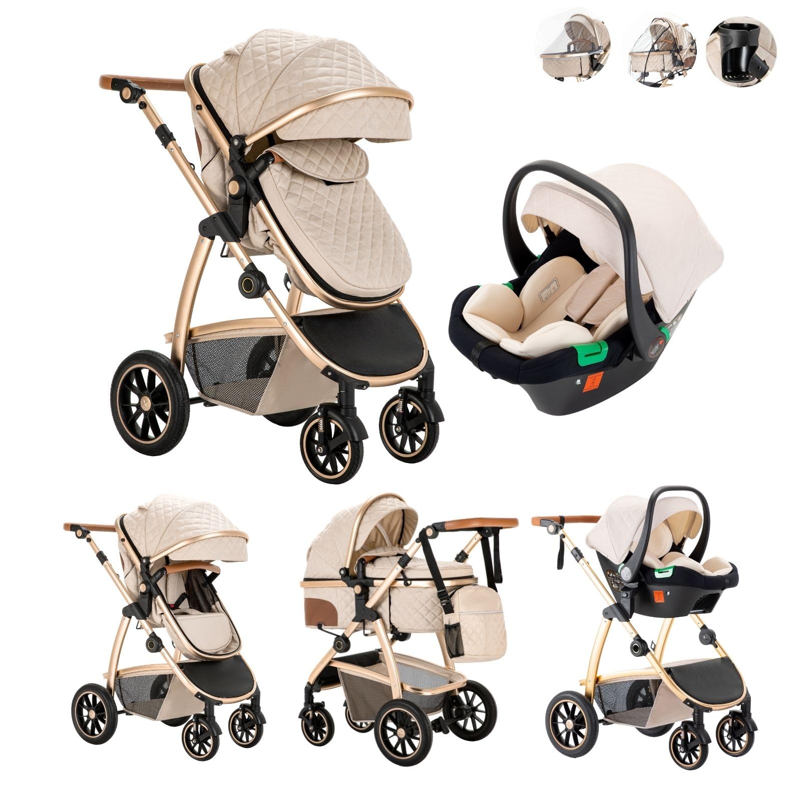 3 en 1 Carrito Bebé, Cochecito Bebe con ECE R129 Asiento de Coche, Cochecito con Mango Ajustable de Altura, Cochecito Carro de Visión alta con Marco de Aluminio (22KG, 0-4 Años)