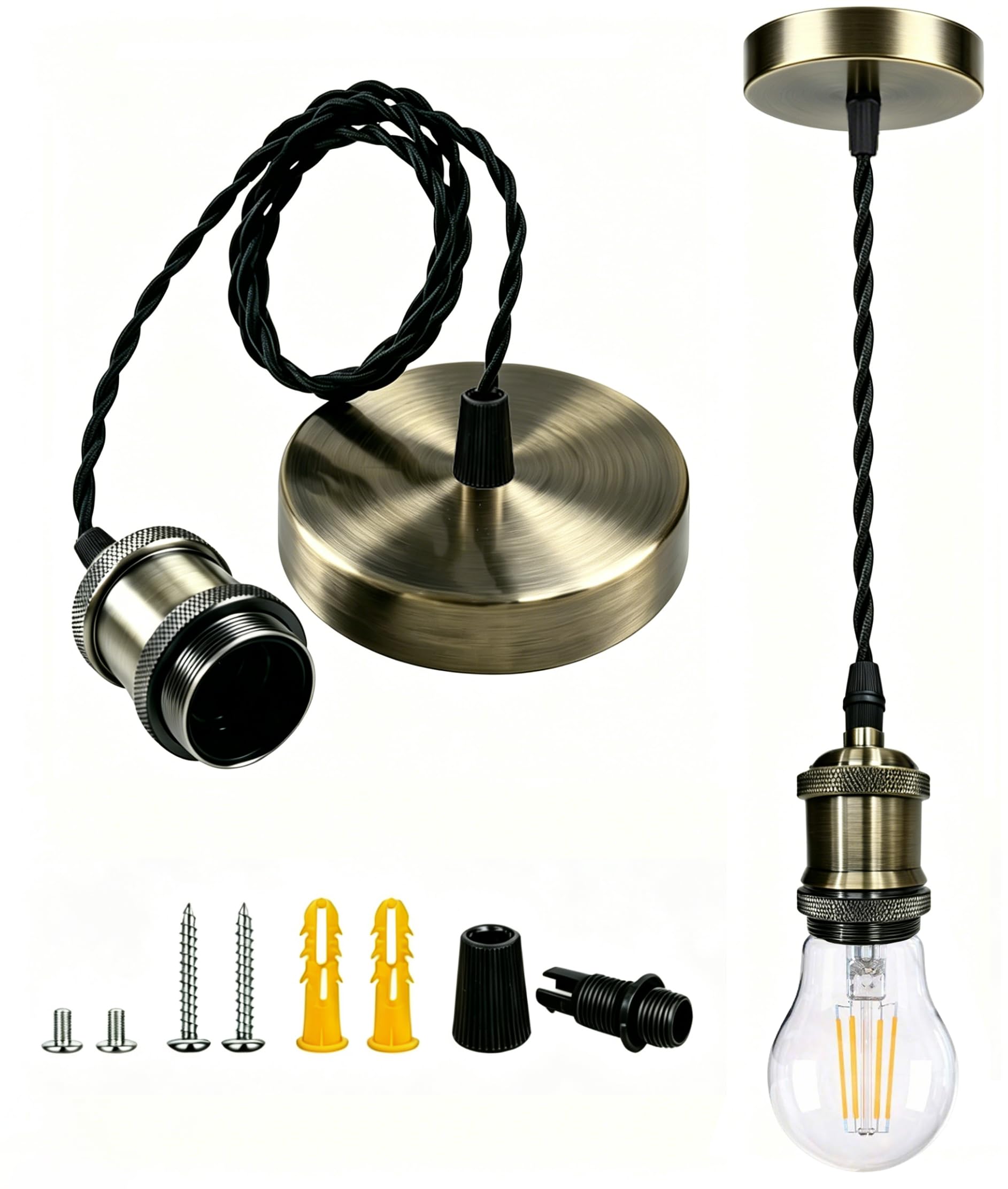Bravsekai Antique Bronze Industrial Pendant Light Fitting Kit, E27 Socket Adjustable Hanging Ceiling Lamp, Vintage Edison Retro Cord Fixture for Kitchen Island Hallway Dining Room Bar