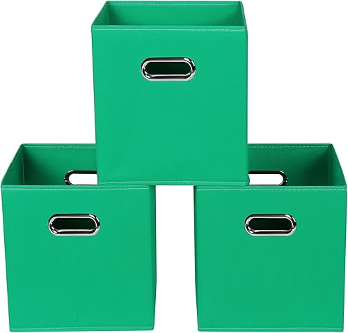 Contenedores de almacenamiento plegables verdes, 11 x 11 x 11 pulgadas, juego de 3, (organizador de cubos de tela con asa, para almacenamiento de