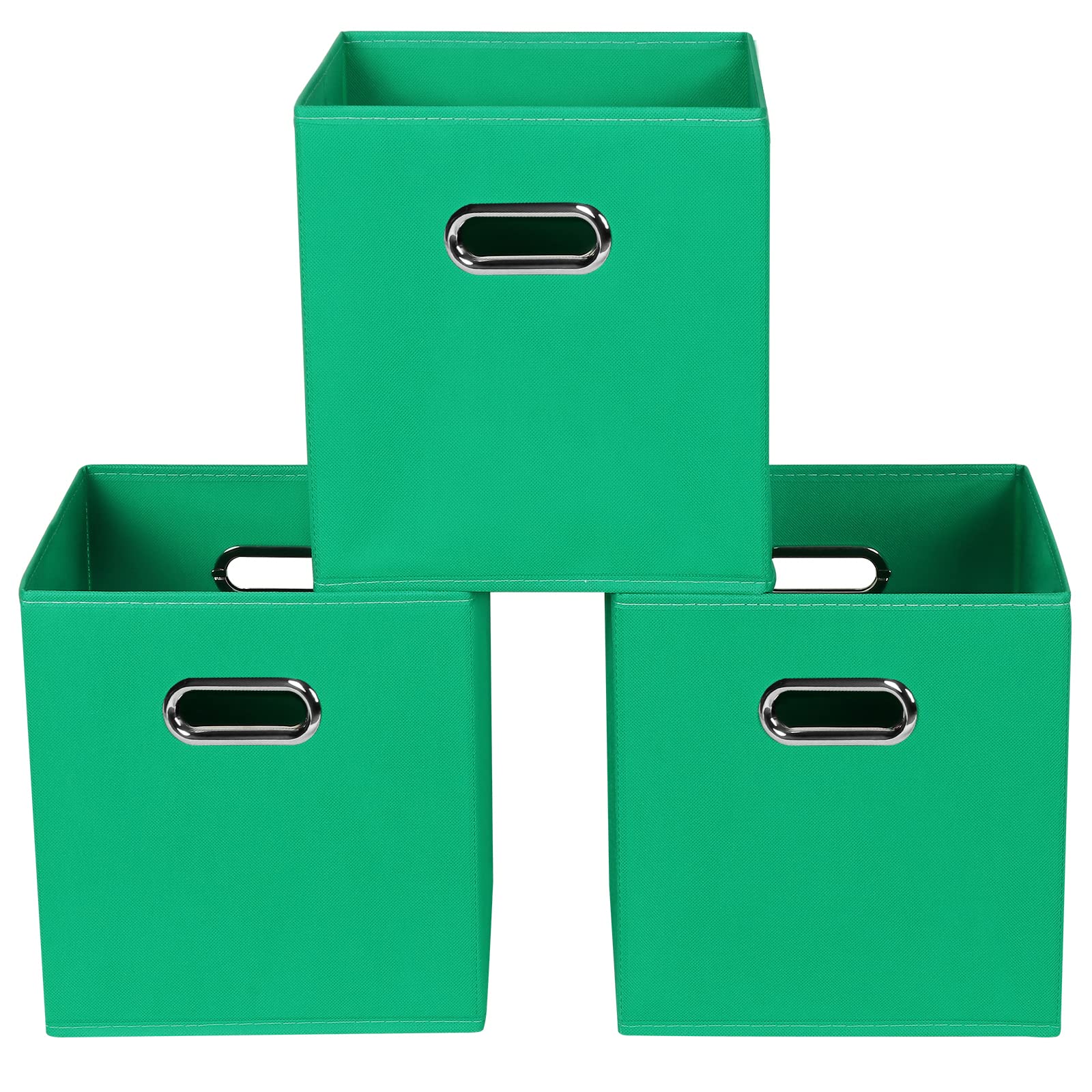 Green Foldable Storage Bins, 11x11x11, Set of 3, (Fabric Cube Organizer with Handle, for Cloth or Accessory Storage)